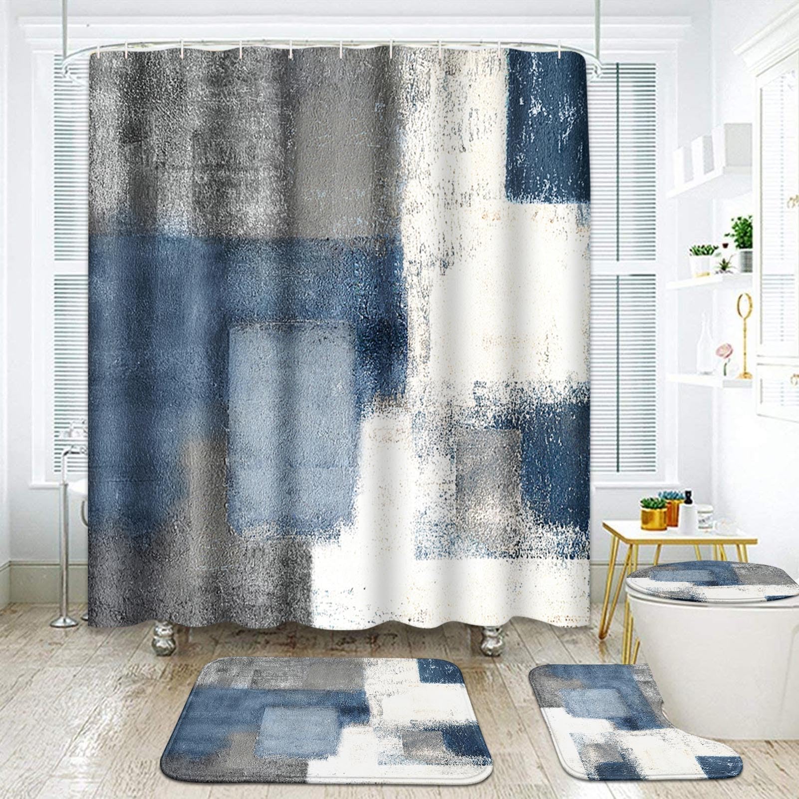 ArtSocket 4 Pcs Shower Curtain Set Blue Grey Abstract Painting Gray Vintage Retro with Non-Slip Rugs Toilet Lid Cover and Bath Mat Bathroom Decor Set 72'' x 72''