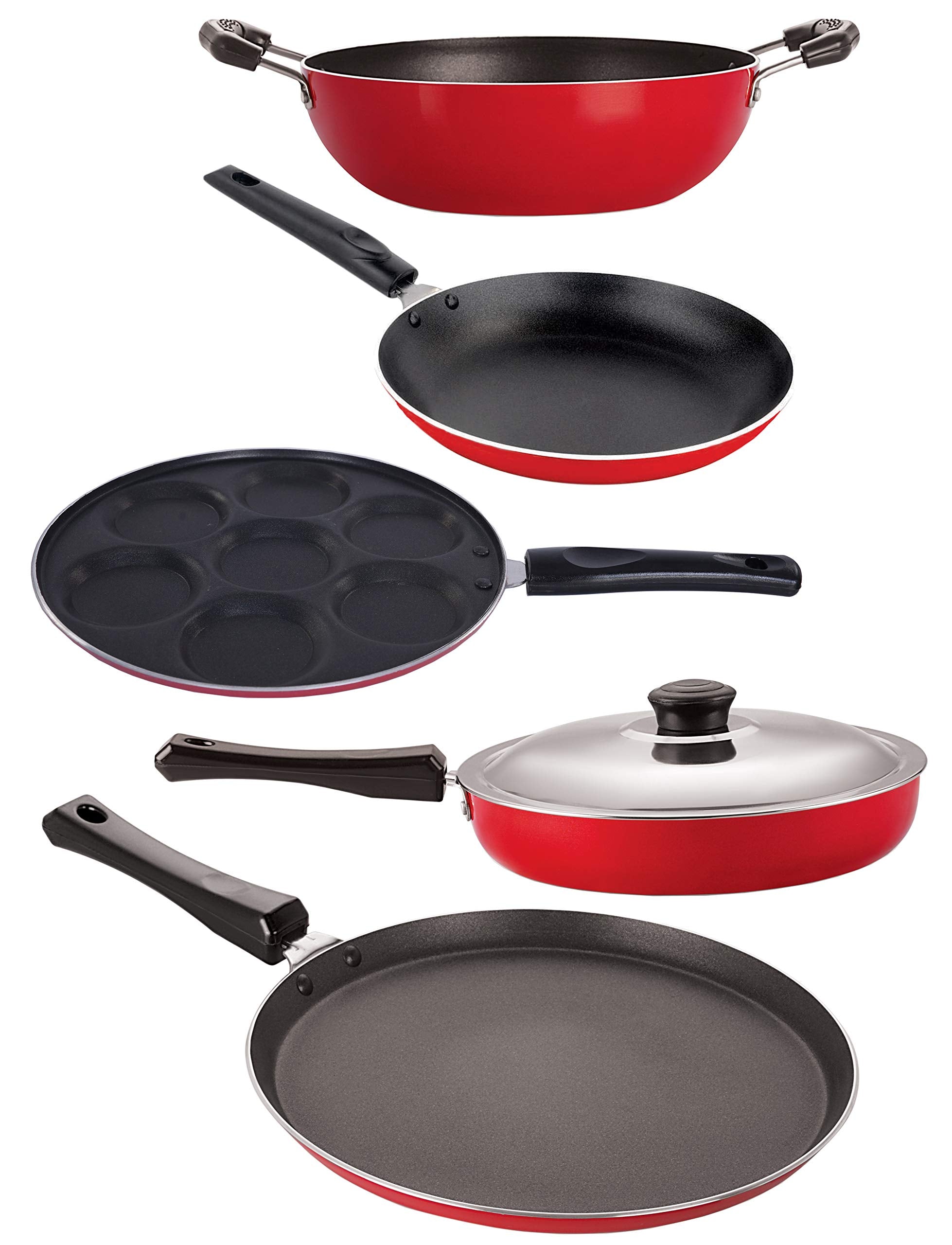 Nirlon NonStick Coated Aluminium Heat Resistance Cookware Combo Set, 5 Piece, Red & Black