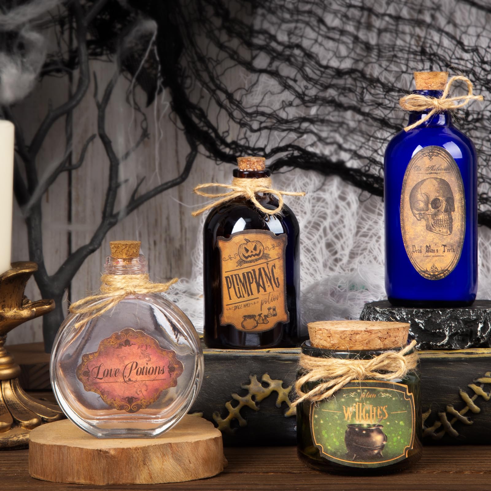 HOHUCRAB Potion Bottles Halloween Decoration, Set of 4 Glass Potion Bottles with Corks and 10 Halloween Bottle labels, Halloween