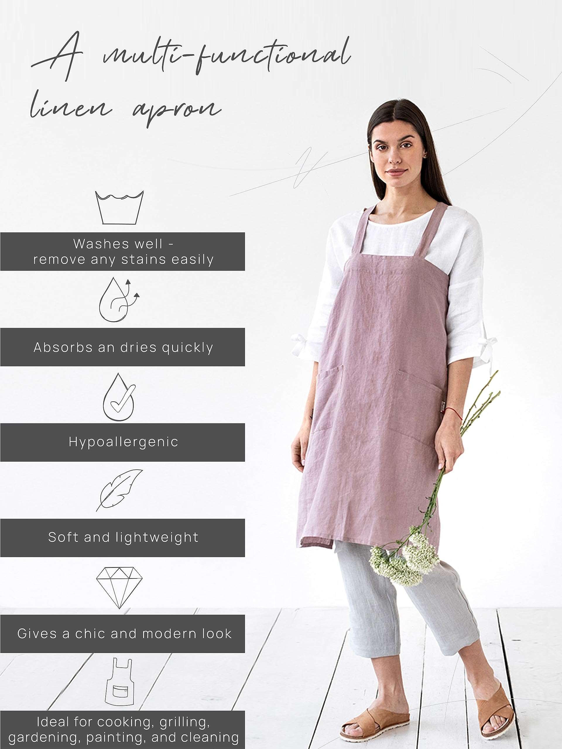 Magiclinen 100% Linen Apron - Japanese Cross Back Apron With Pockets For Women And Men - Pinafore Style, Pink, Xxl