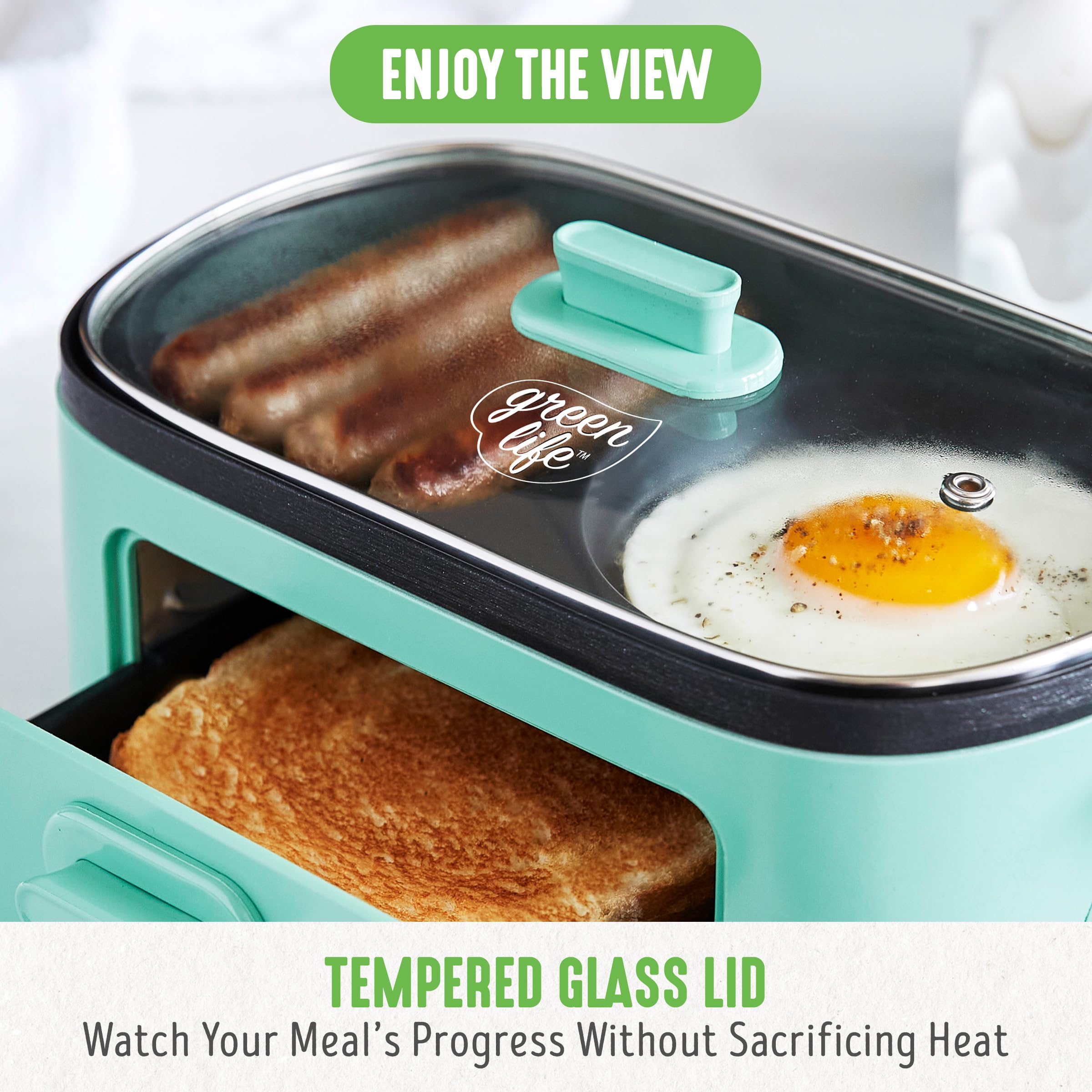 Greenlife 3-In-1 Breakfast Maker Station, Healthy Ceramic Nonstick Dual Griddles For Eggs Meat And Pancakes, 2 Slice Toast Drawe