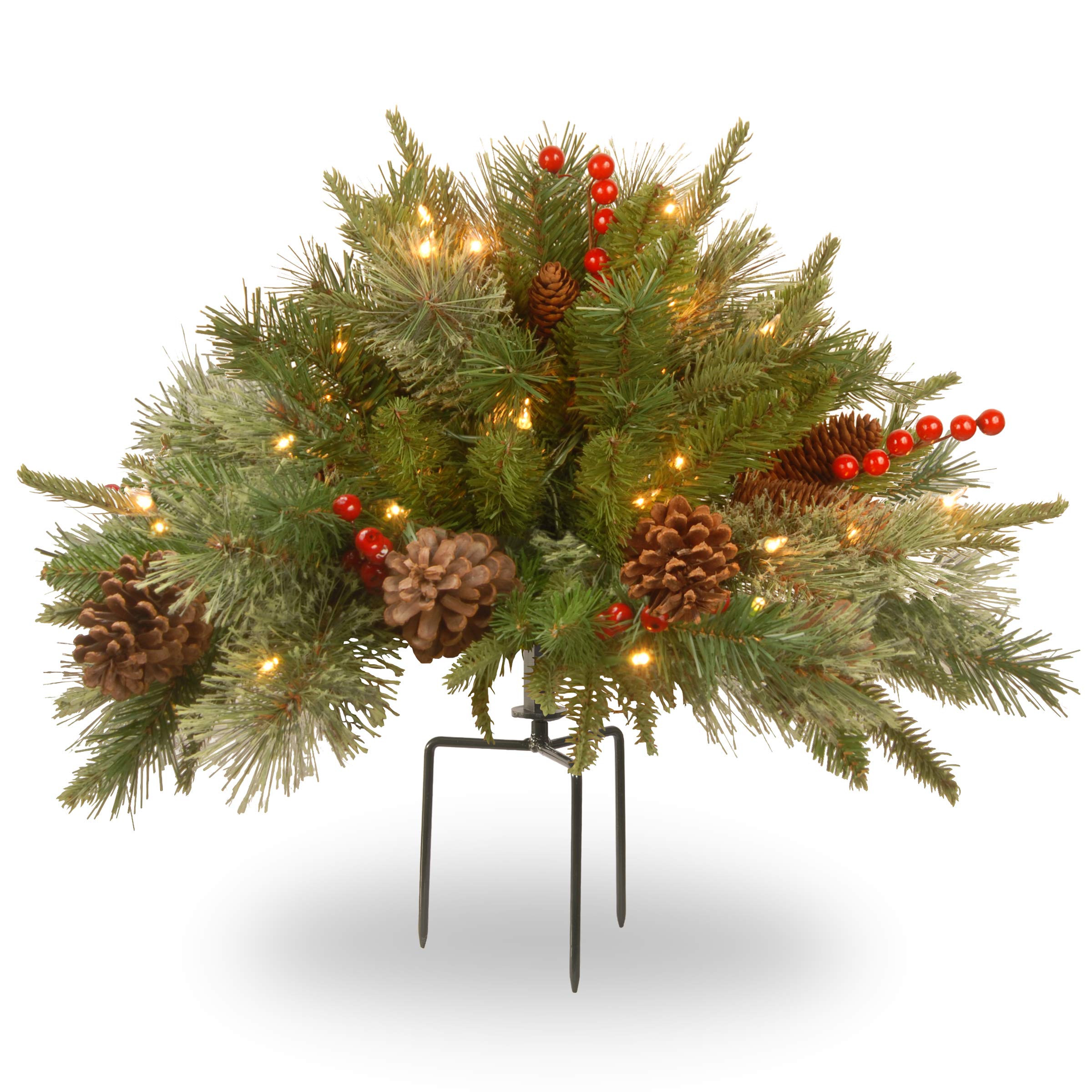 National Tree Company 18 in Pre-Lit Colonial Fir Artificial Christmas Urn Filler, Christmas Decoration with Pinecones, Red Berri
