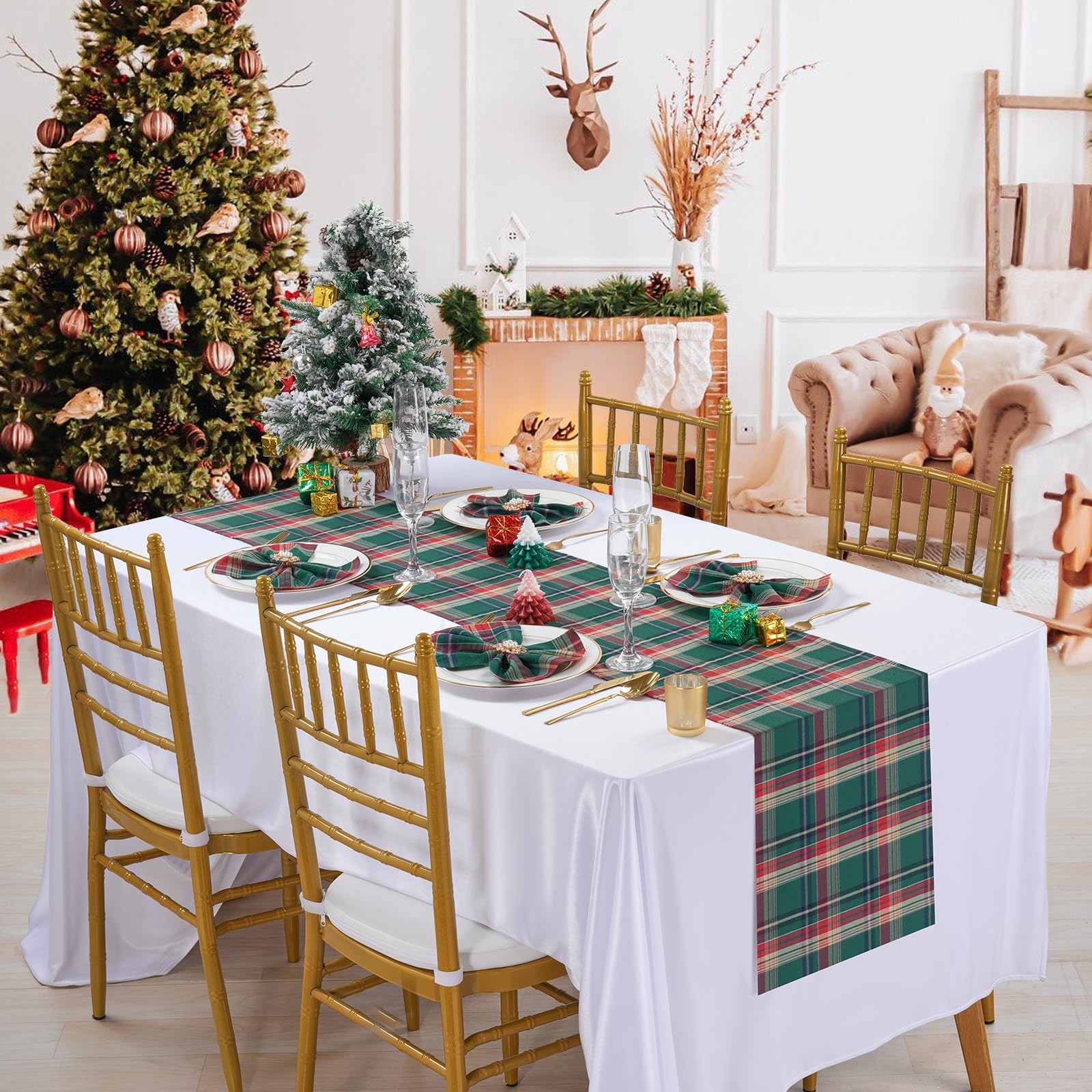 Pakiinno Christmas Tablecloth 57X84 Inch Green Plaid Tablecloth Checked Table Overlay For Christmas Holiday Party Farmhouse Fall