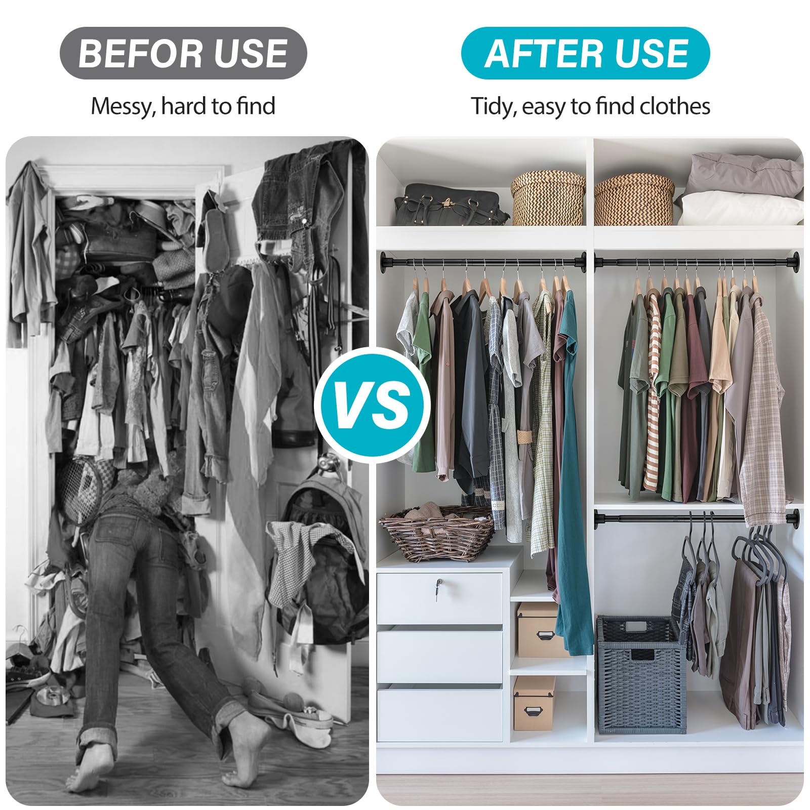 Closet Rods For Hanging Clothes, 28-92 Inch Adjustable Size, Screw Fixing Connection, For Closet Wardrobes Laundry Rv, Black