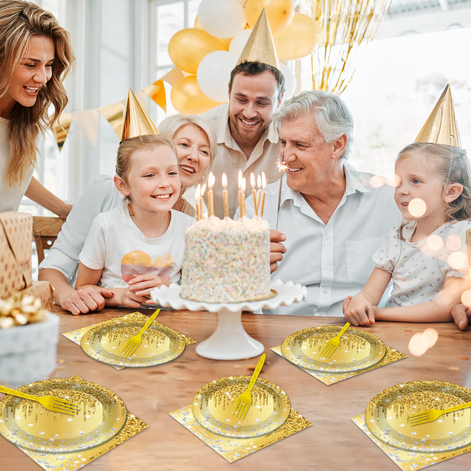 96 Pcs Gold Birthday Tableware Set For Golden Themed Happy Birthday Party Supplies Golden Diamond Dinner Plates Gold Napkins For