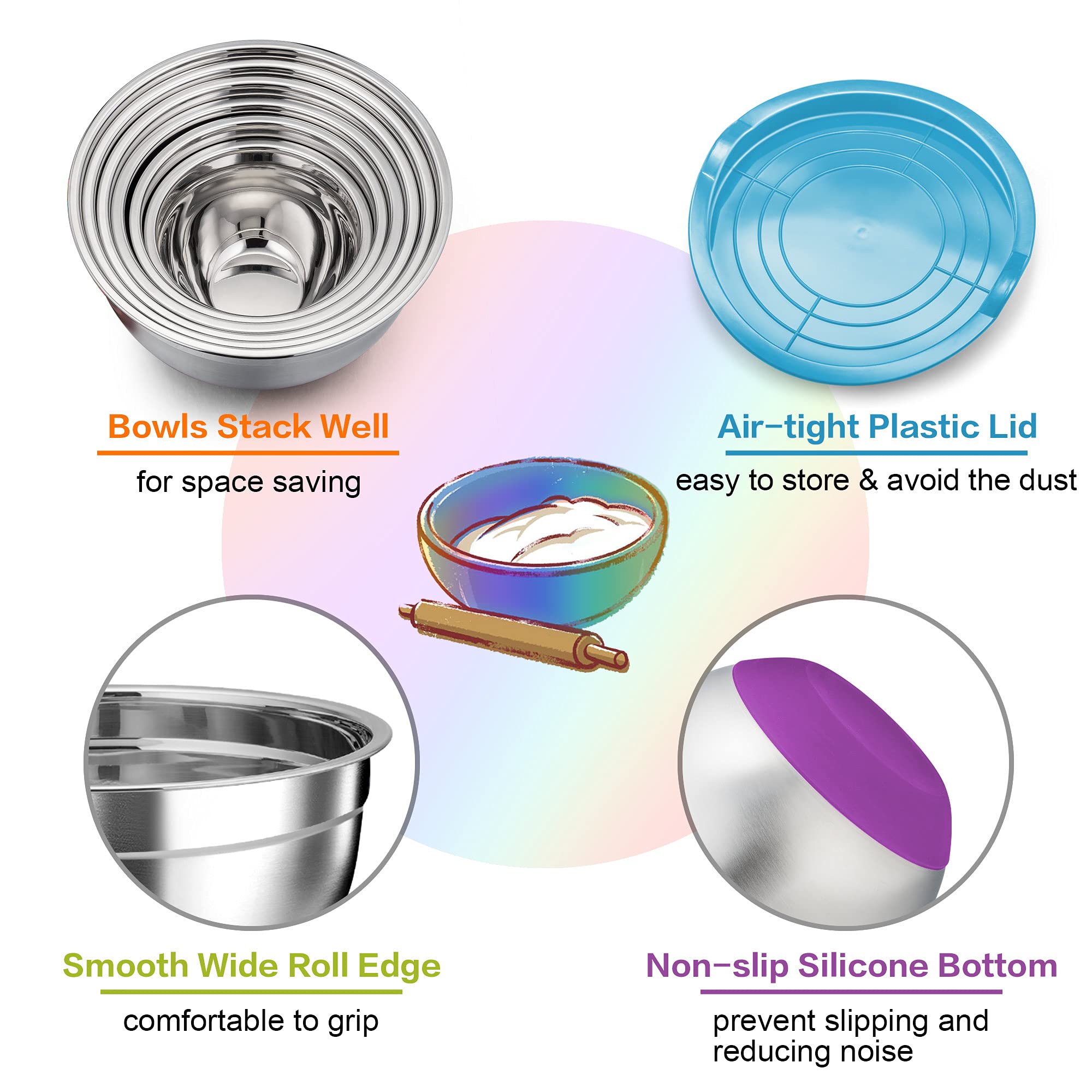 Teamfar Mixing Bowls, Stainless Steel Mixing Bowls With Lids, Nesting Salad Bowls With Air-Tight Lids & Non-Slip Bottom, Dishwas