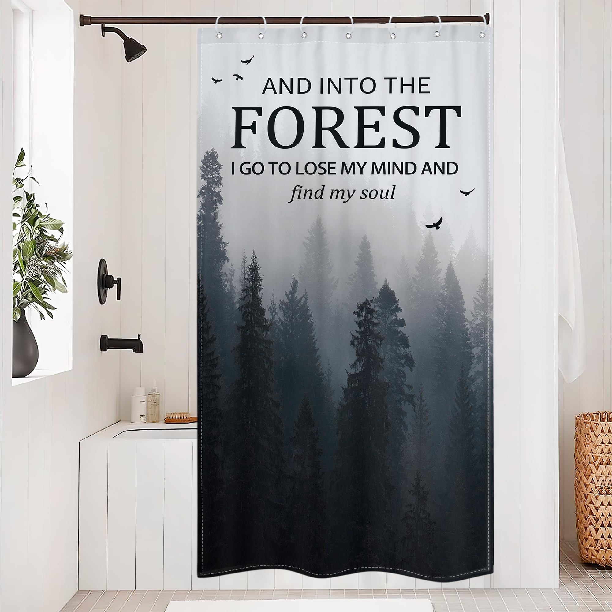Riyidecor Small Stall Misty Tree Shower Curtain For Bathroom Decor 36Wx72H Narrow Half Rv Mens Dark Foggy Mountain Woodland Quot