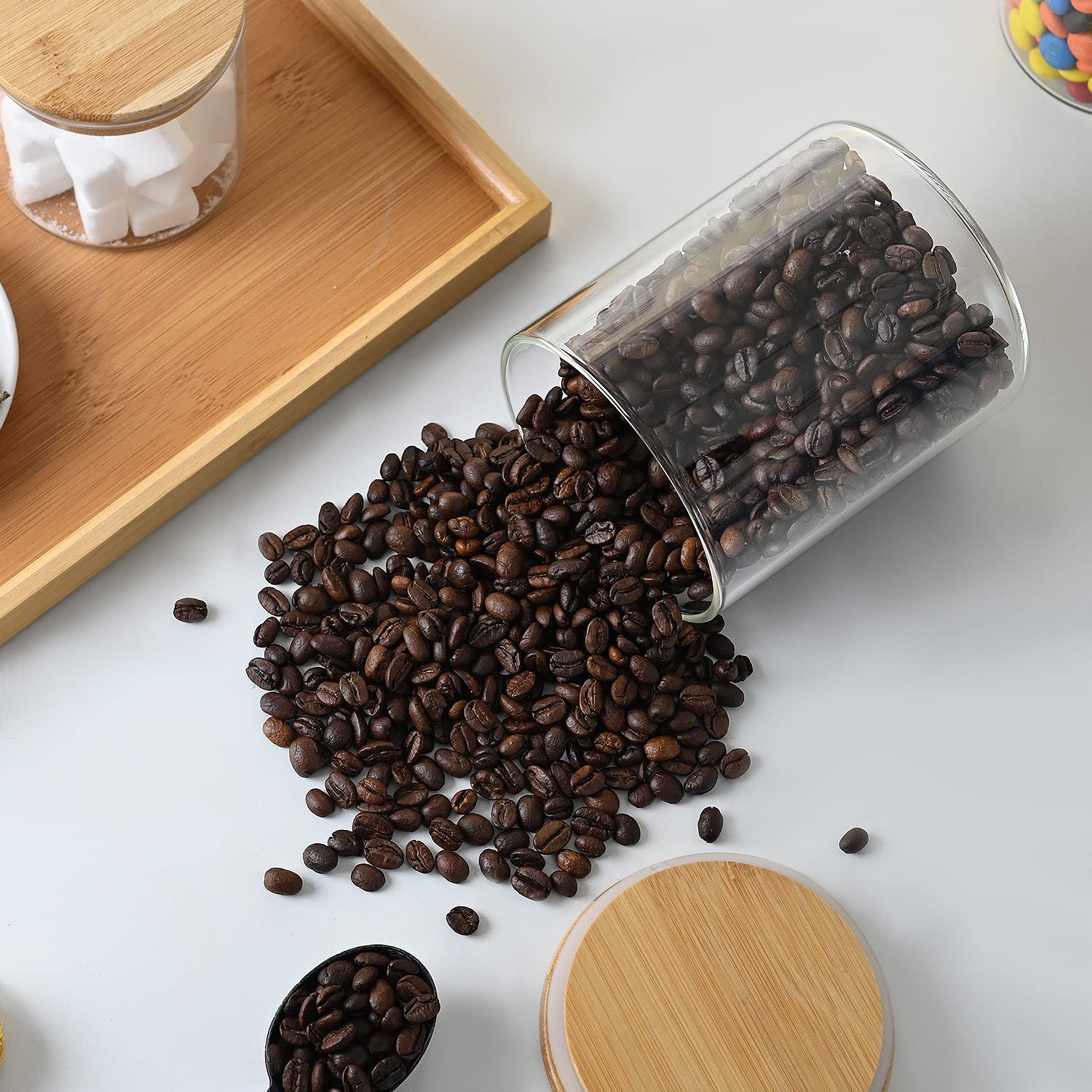 Umieo Glass Food Storage Containers With Bamboo Lids Large Glass Food Storage Jars For Coffee Bar Tea Sugar (Clear Glass)