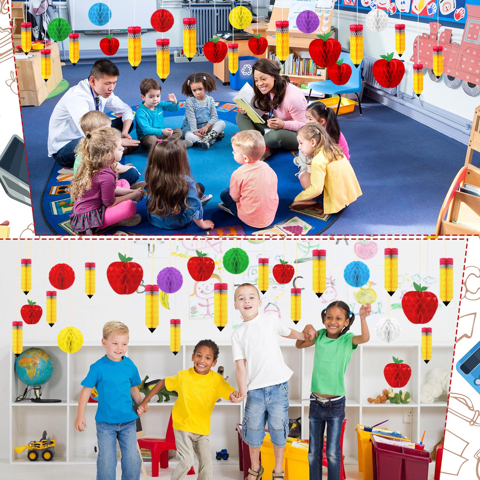 Seenelling 24 Pcs Back To School Decorations Honeycomb Centerpiece Include 12 Pencil Hanging Honeycomb 6 Fruit Shaped Paper Hone
