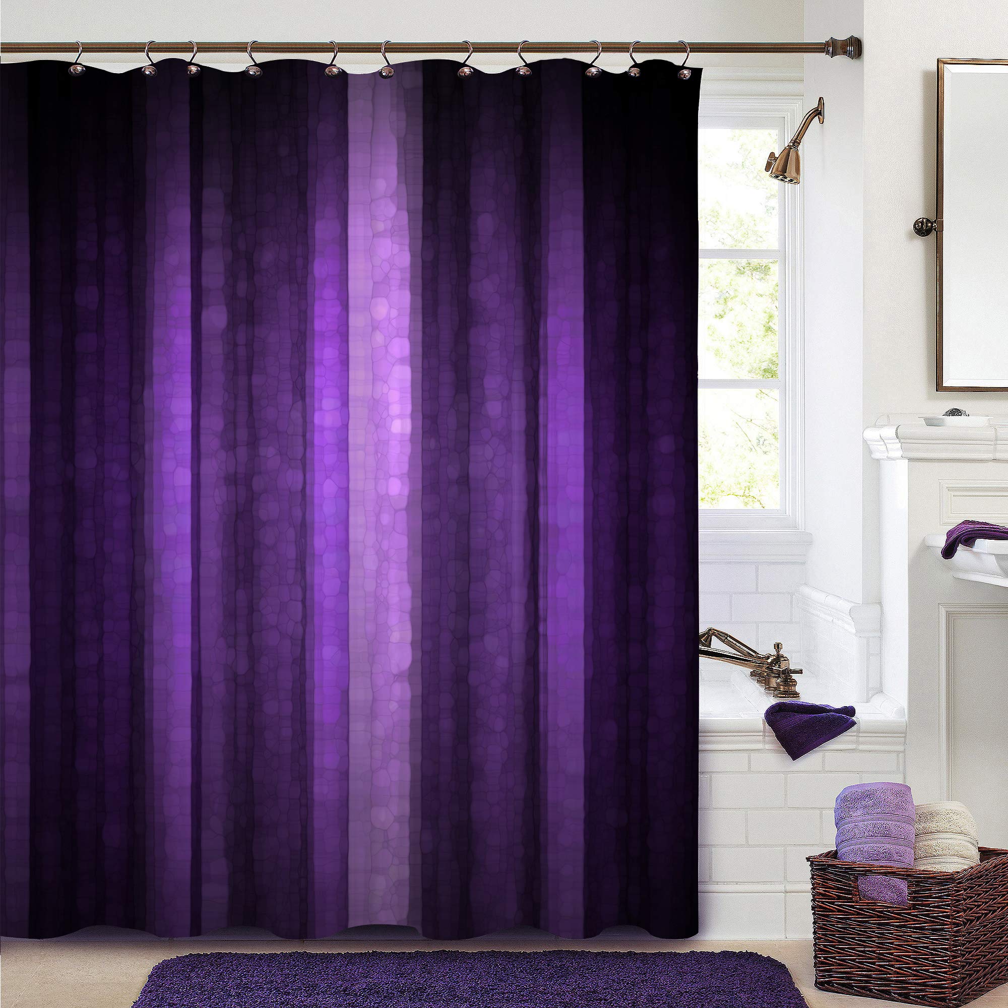 Gibelle Purple Striped Shower Curtain, Abstract Mosaic Glass Texture And Dark Stripe Shower Curtains, Modern Elegant Neon Purple