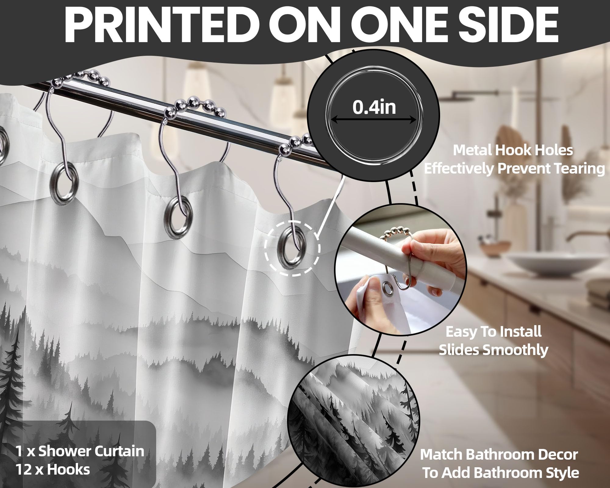 QGHOT Mountain Shower Curtain Black and White Forest Nature Shower Curtains for Mens Bathroom Charcoal Grey Rustic Woodland Pine