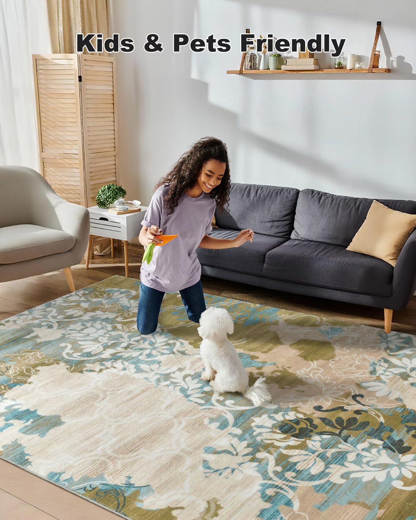 Macgace Washable Abstract Rug, 5x7 Willow Green and Blue Floral Area Rugs with Non-Slip Rubber Backed for Bedroom, Low Pile Mode