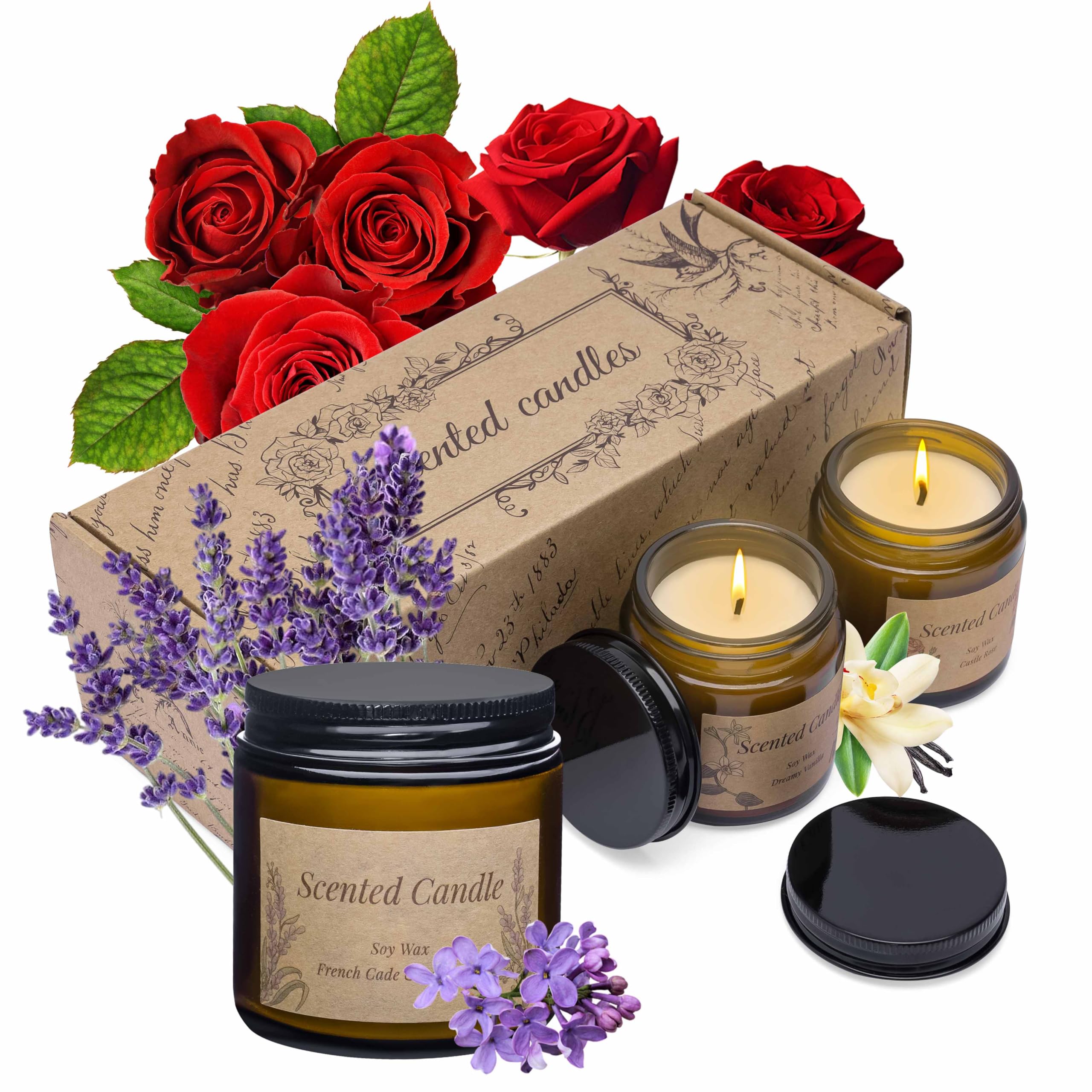 Rancco 3 Packs Scented Candles Set, Soy Candle for Home Scented, Floral Aromatherapy Jar Candles for Women & Men Ideal Gift for 