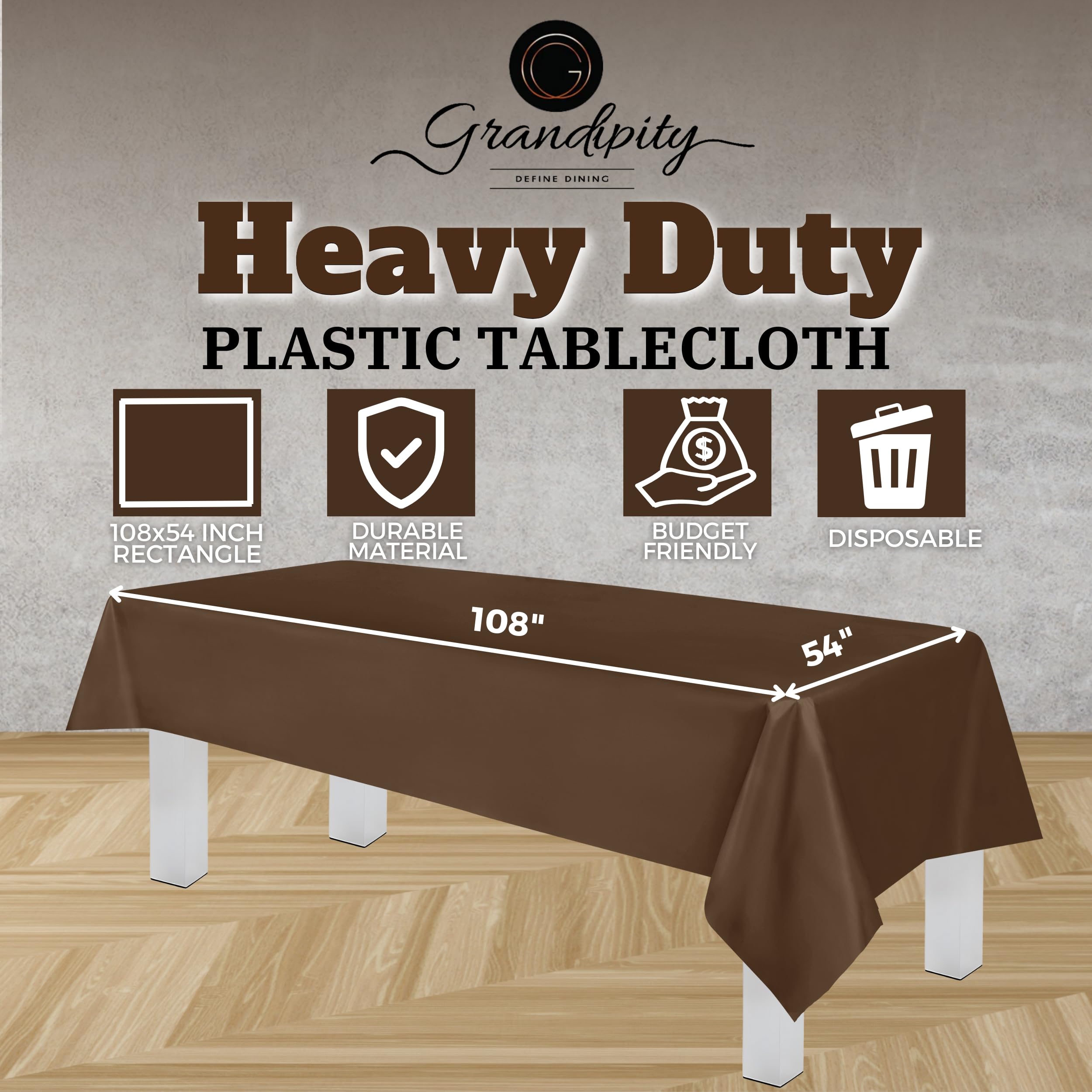 Grandipity Brown Plastic Table Cloth Disposable (6 Pk) 54In X 108In Plastic Tablecloths For Rectangle Tables - Premium Party Tab