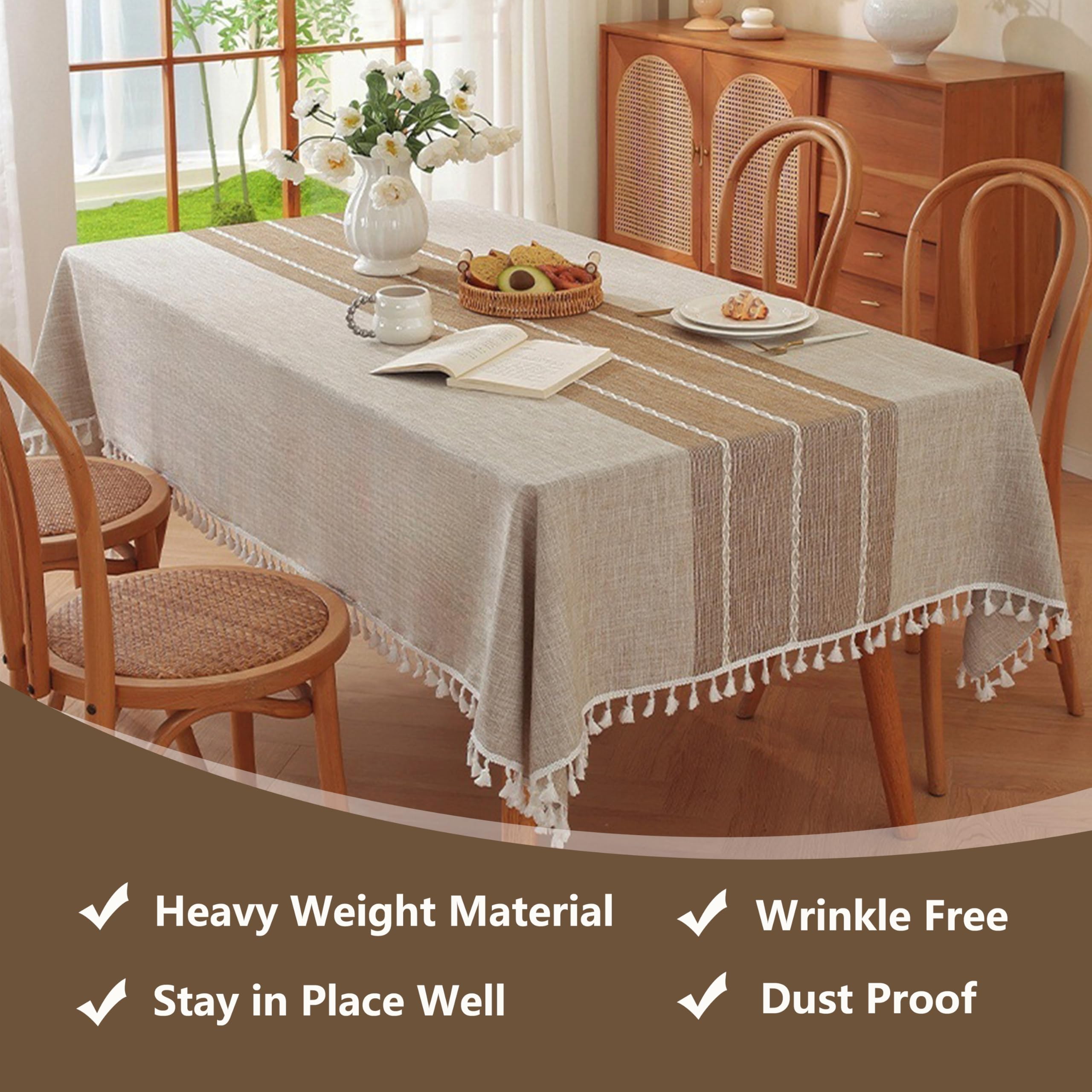 Tewene Tablecloth, Rectangle Table Cloth Cotton Linen Wrinkle Free Anti-Fading Tablecloths Embroidery Tassel Table Cover For Din