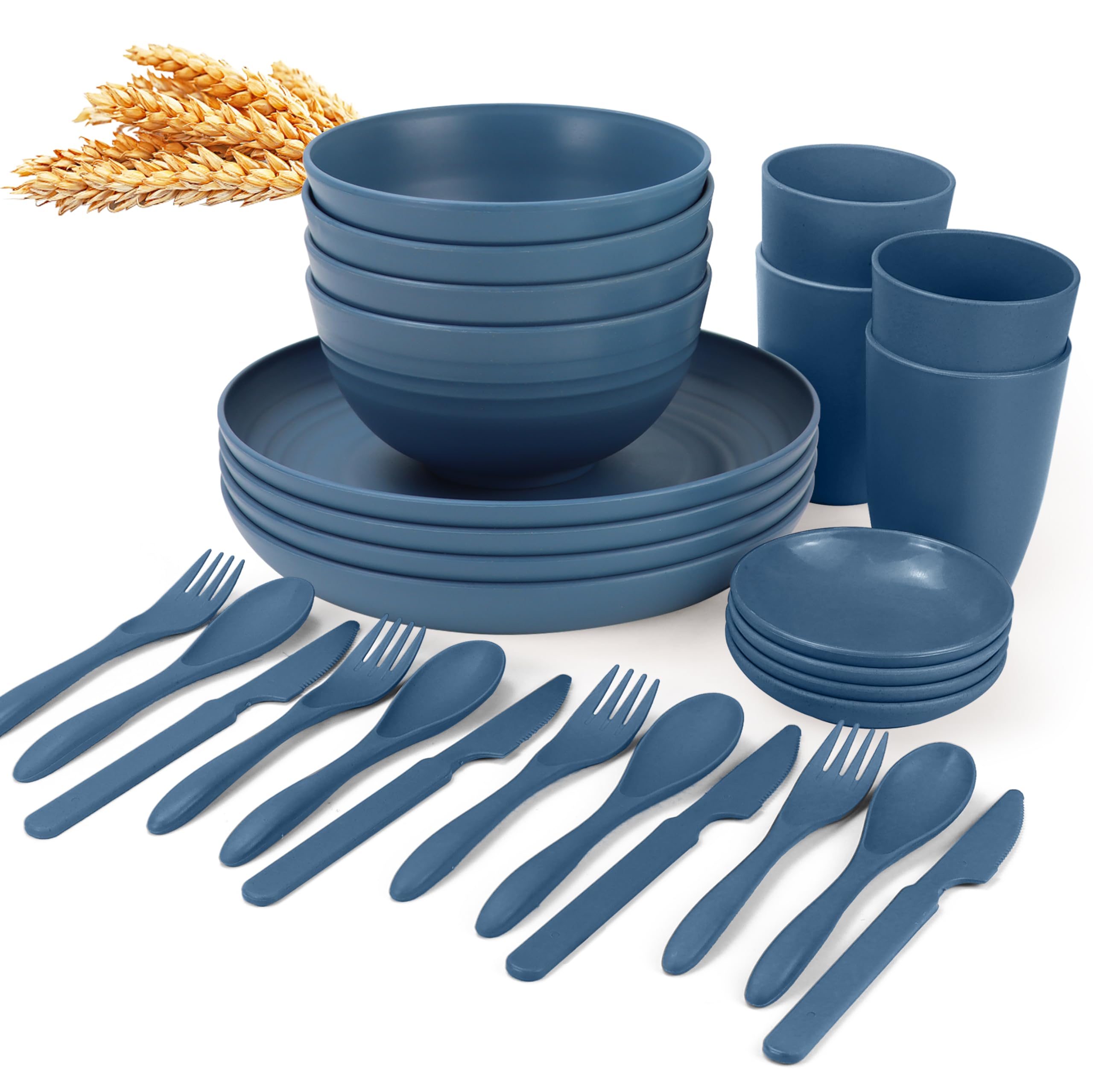 Wrova Wheat straw plates and bowls sets with cutlery - Unbreakable wheat straw dinnerware sets - Dishwasher safe plates,bowls,cu