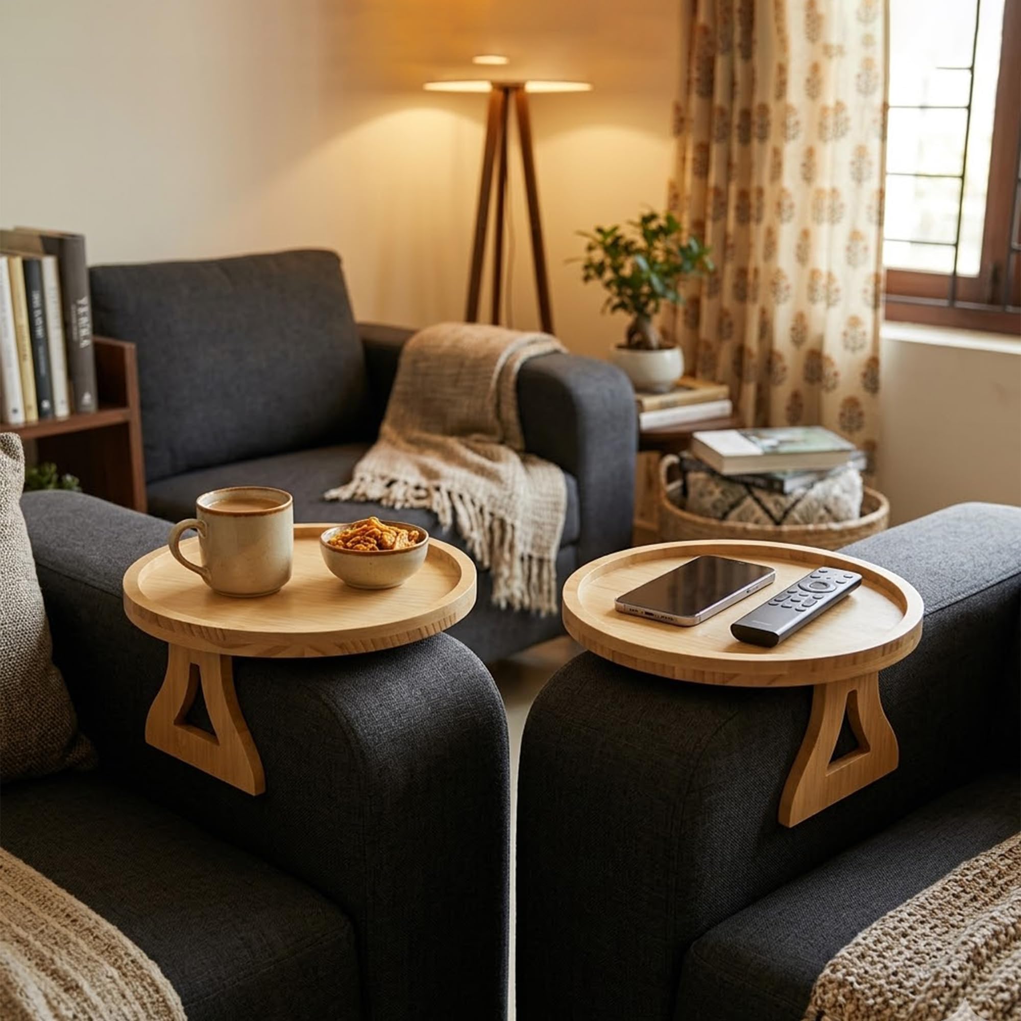 Questsole Home Pack Of 2 Round Sofa Armrest Tray - 10 Inch Bamboo Clip-On Couch Table For Coffee, Snacks, Remote & Phone With Ad