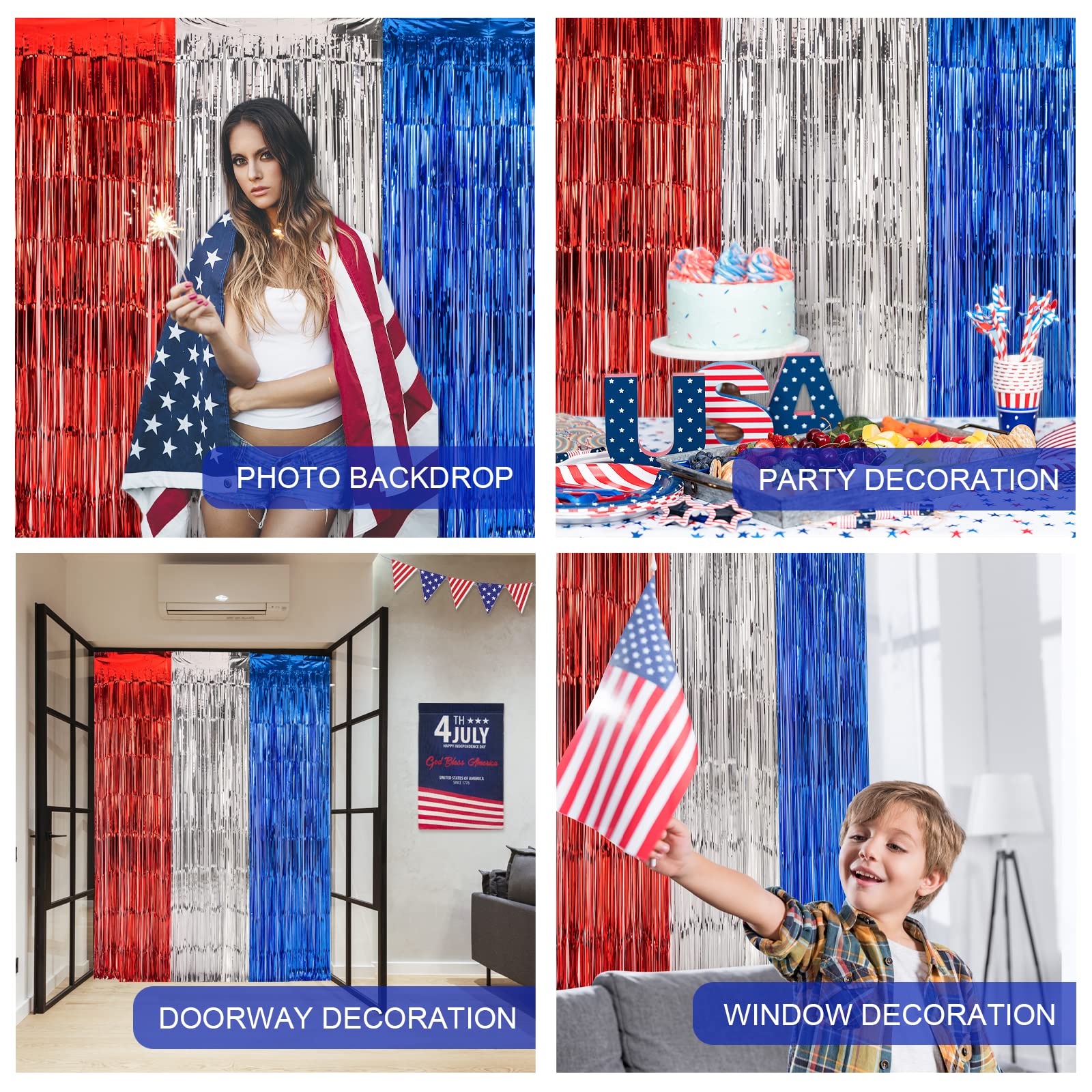Lolstar 4Th Of July Decorations,Red White Blue 3 Pack America Tinsel Foil Fringe Curtains,4Th Of July Photo Booth Prop Streamer