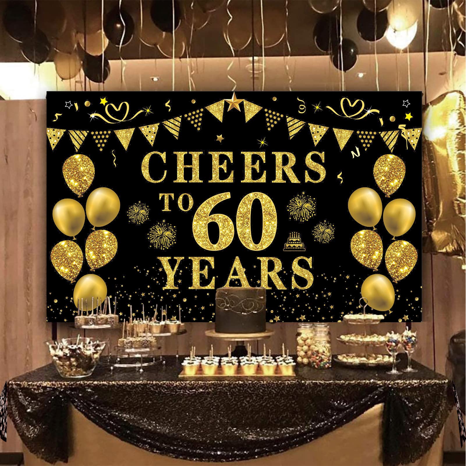 Trgowaul 60Th Birthday/Anniversary/Wedding Decorations For Women Men, Cheers To 60 Years Banner, Black And Gold 60Th Birthday Ba