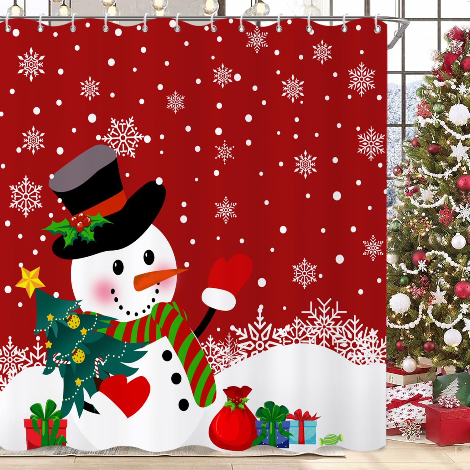Caheansi Christmas Snowman Shower Curtain, Red Xmas Snowman Snowflake Pine Tree Winter New Year Holiday Bathroom Curtain Waterpr