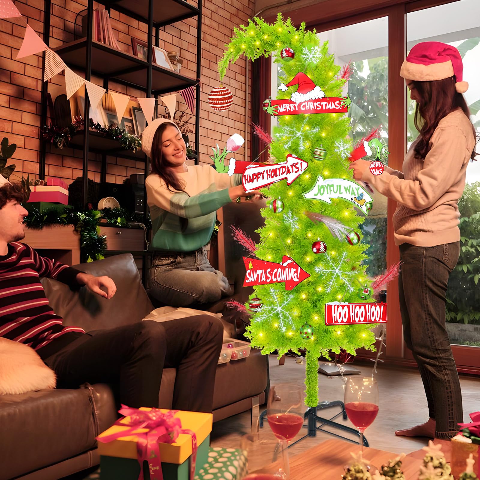 Grinchs Christmas Tree 6FT, Whimsical Bendable Artificial Tree, Lime Green Design with Tree Skirt & Red Ball Ornament, Christmas