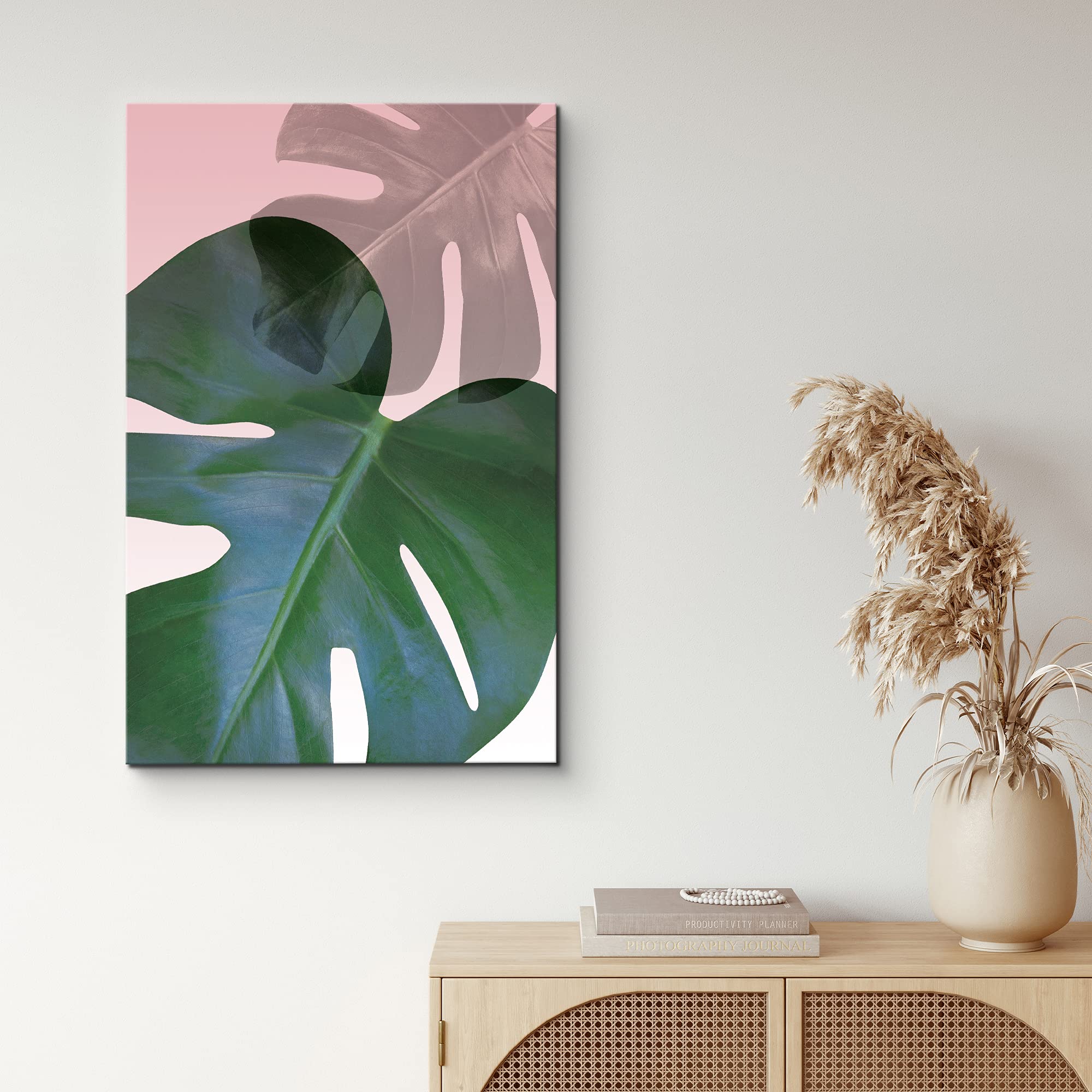 Nwt Canvas Print Wall Art Pink And Green Transparent Monstera Collage Floral Plants Illustrations Modern Art Tropical Closeup Co