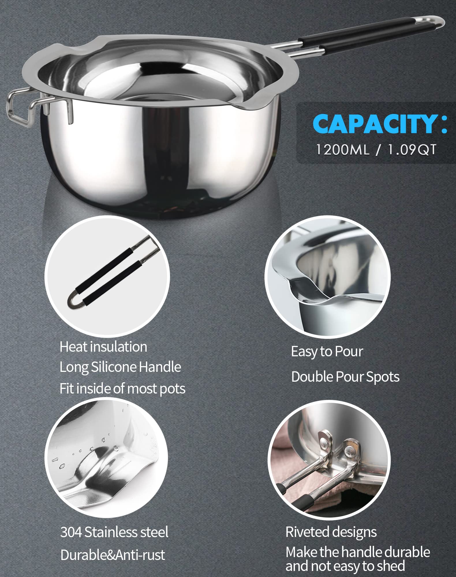 Double Boiler Pot Set,1200Ml Double Boiler For Chocolate Melting, 2800Ml 304 Stainless Steel Pot With Silicone Spatula For Melti