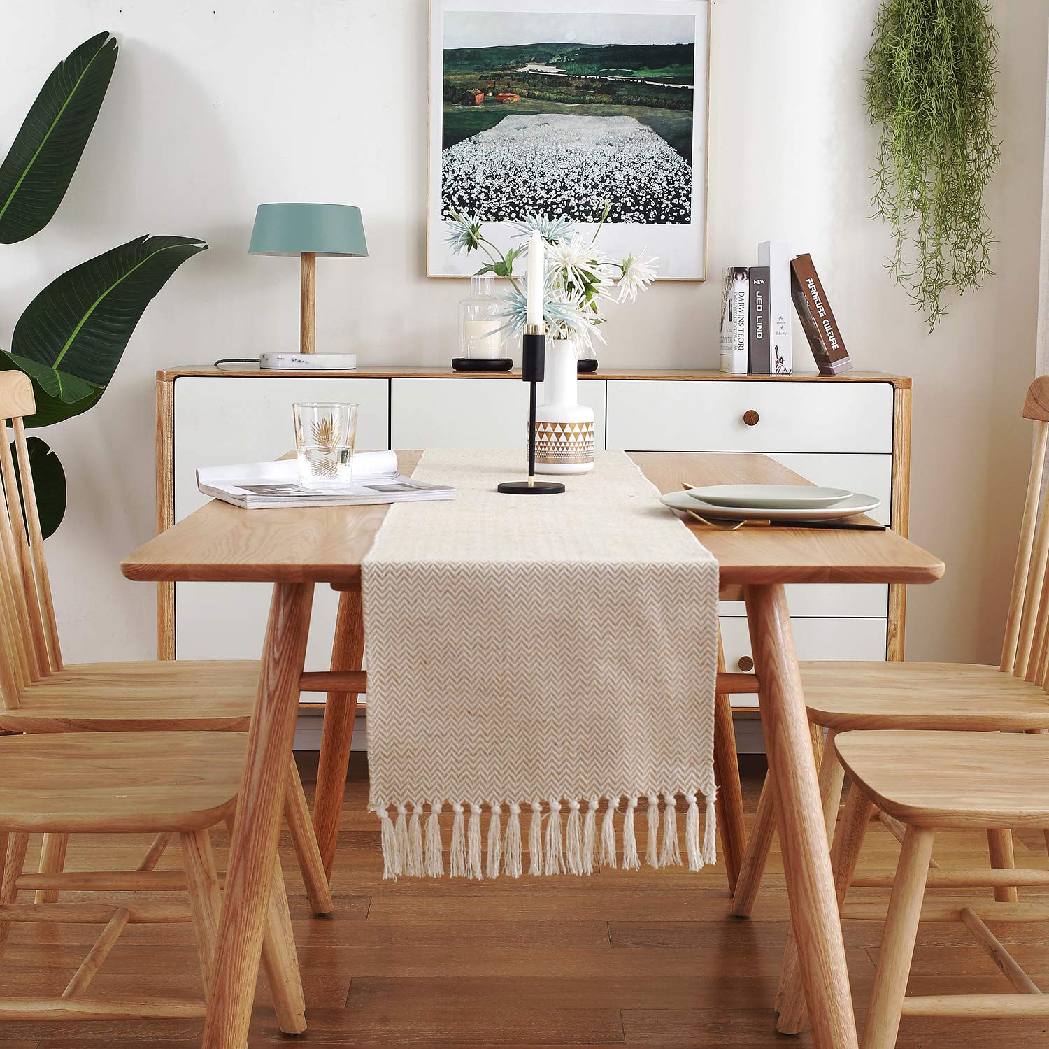 13 X 90 Inch Fall Farmhouse Cotton Linen Table Runner With Handcraft Tassel, Rustic Jute Burlap Table Runners 90 Inches Long For