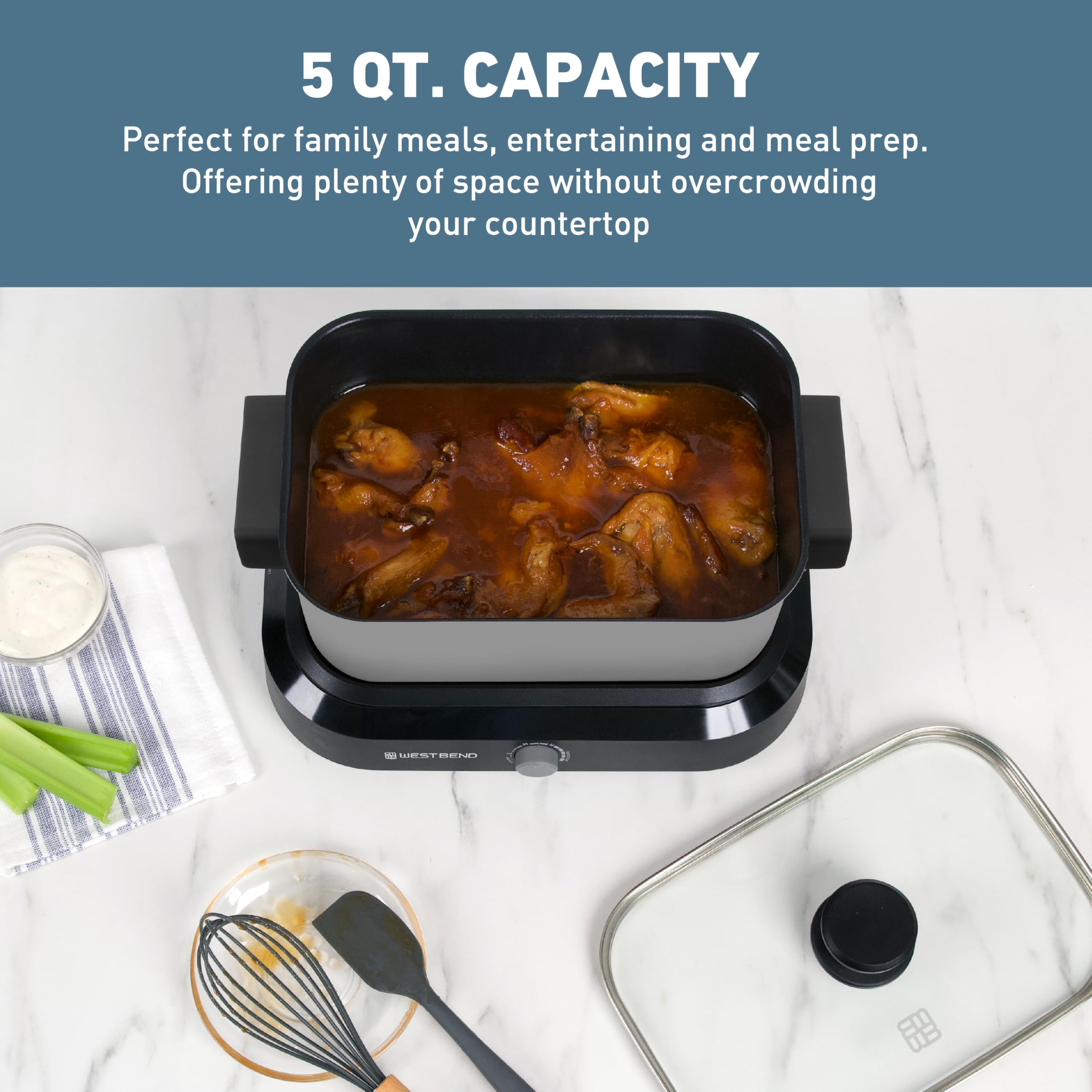 West Bend 5-Quart Slow Cooker, Silver Non-Stick Cooking Pot with Variable Temperature, Travel Lid & Storage Bag, Model 87905