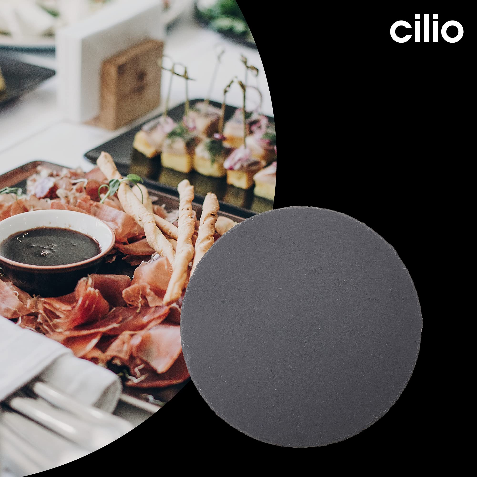 Cilio Slate Round Cheese Board, Natural Stone Tray For Serving Cheese, Charcuterie, Sushi, Appetizers, And More, Black, 11'' Dia