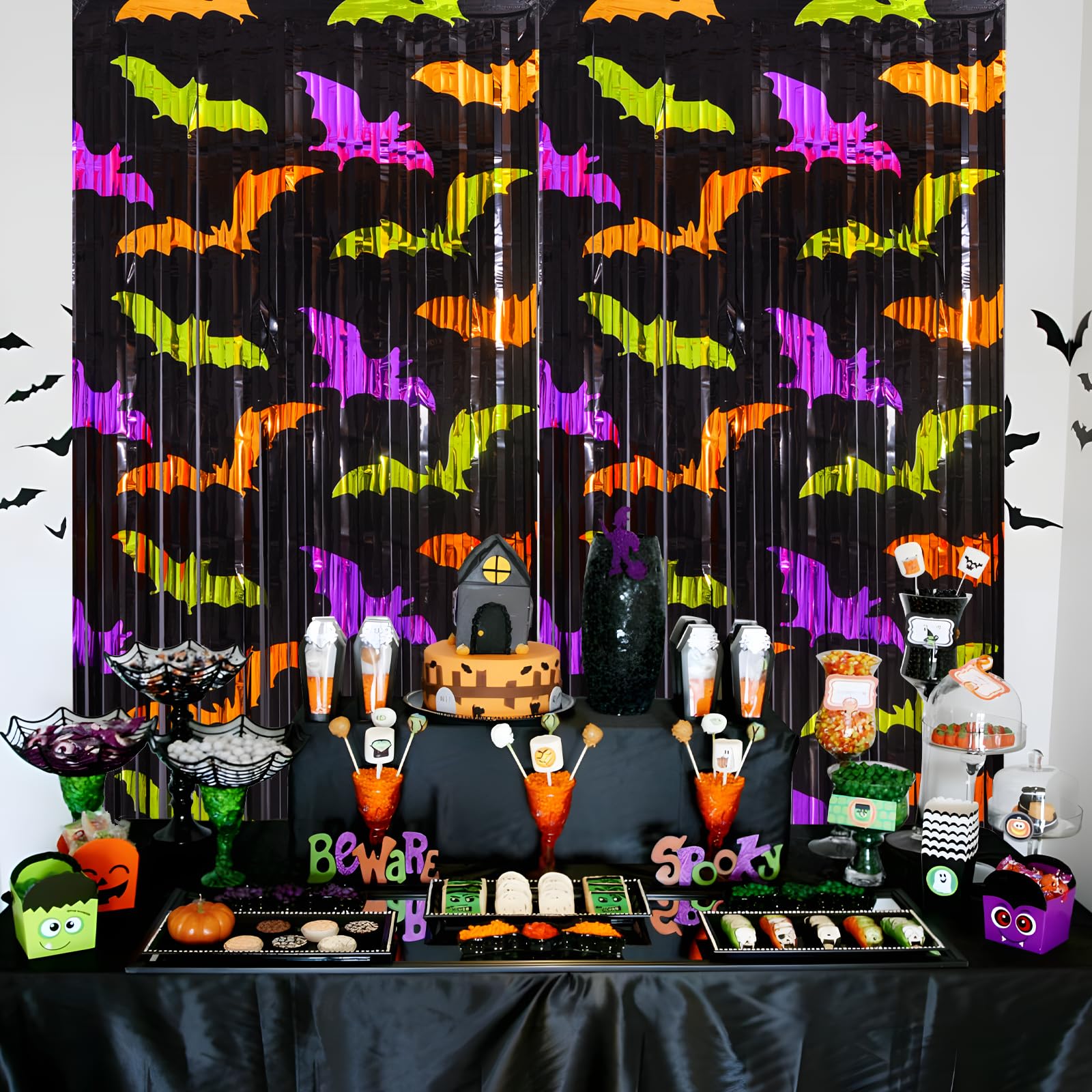 Mega-L Halloween Party Decorations 2 Pack Green Orange Purple Bat Pattern Photo Booth Props, 3.3 X 6.6 Ft Metallic Foil Fringe C