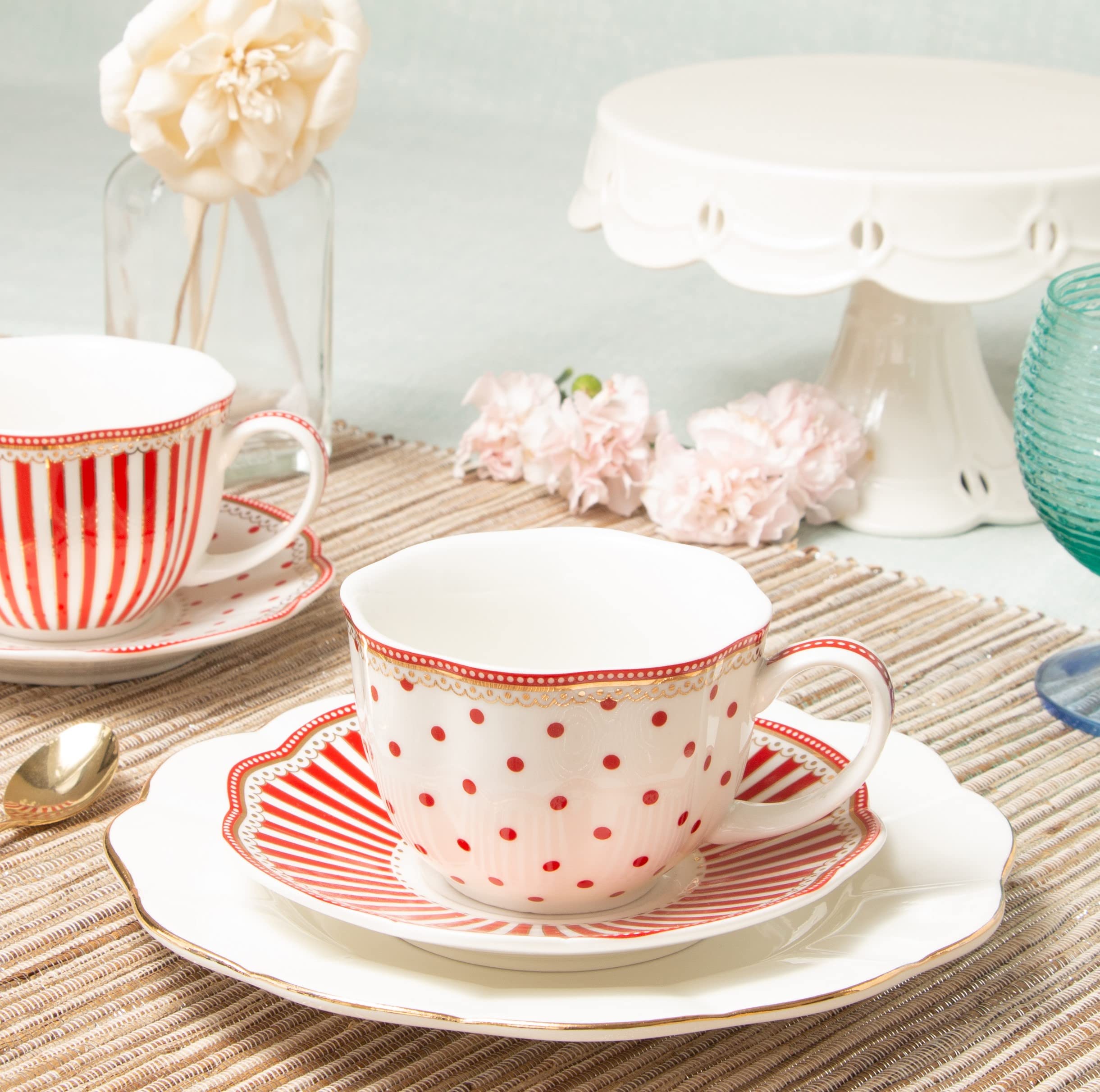 Grace Teaware Red Dot Stripes Scallop 9-Ounce Porcelain Tea/Coffee Cup And Saucer, Set Of 2 (G1960264Rd-2)