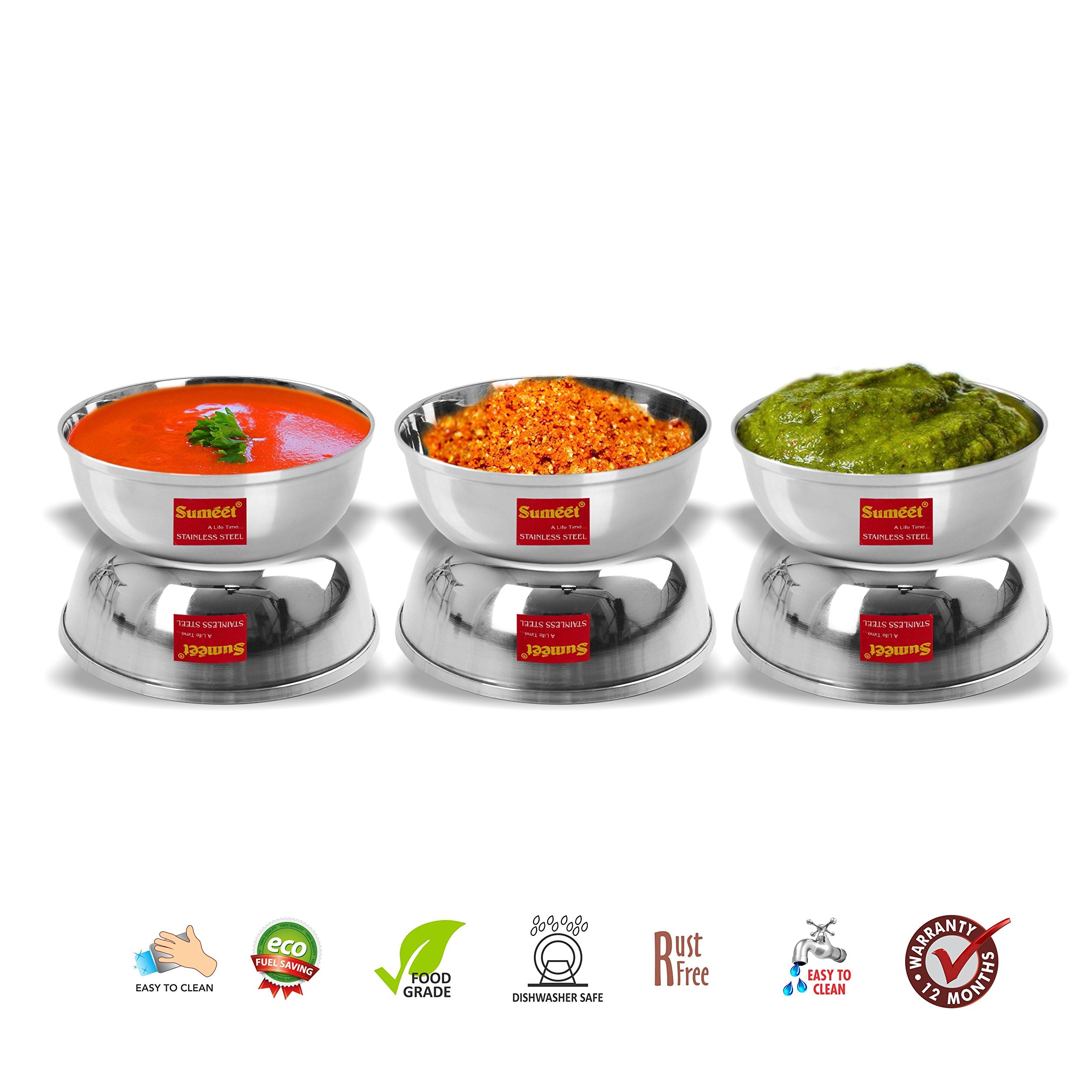 Sumeet Stainless Steel Heavy Gauge Bowl/Wati Set With Mirror Finish 12Cm Dia (350 Ml) - Set Of 6Pc