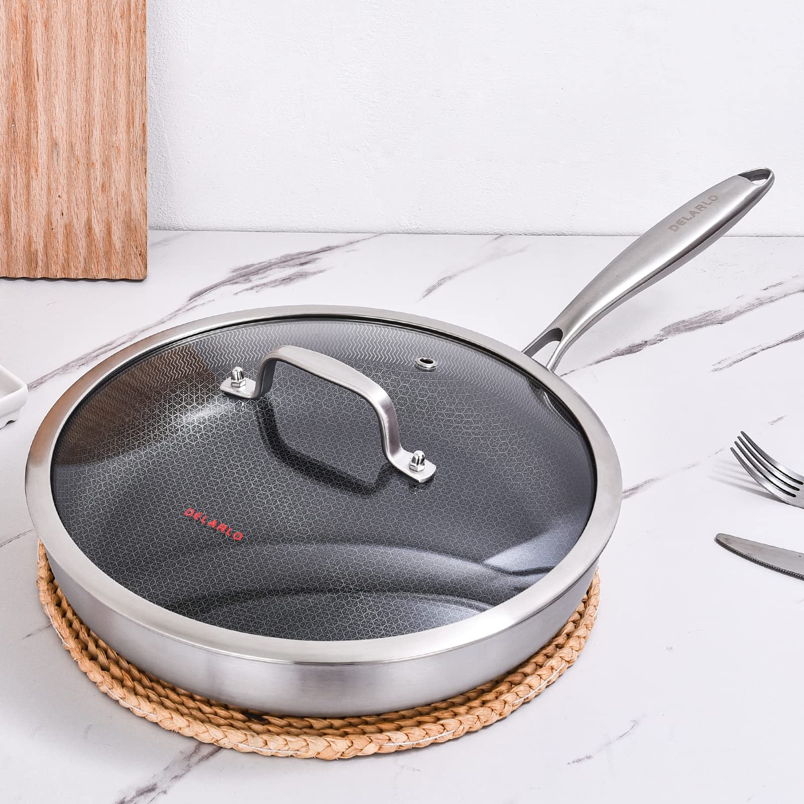 Delarlo Whole Body Tri-Ply Stainless Steel Hybrid 12 Inch Frying Pan With Lid Nonstick, Oven Safe Induction Skillet,Suitable For