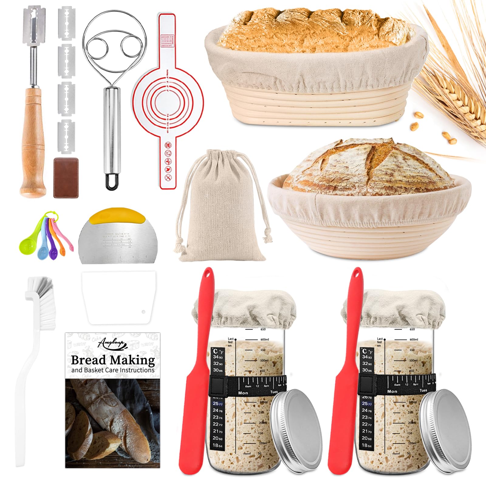 Amgkonp 22Pack 25Oz Sourdough Starter Jar Kit With 9 Inch Round & 10 Inch Oval Banneton Bread Proofing Basket Set,Scraper,Sourdo