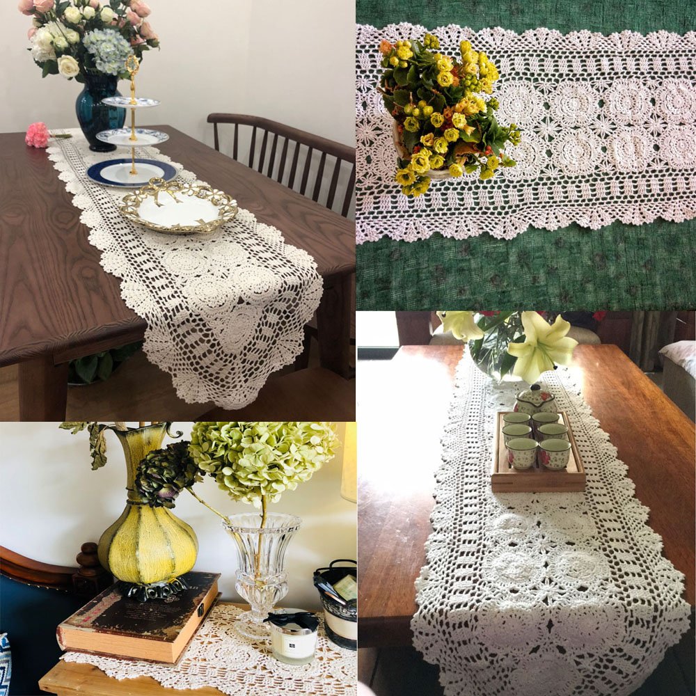 Kepswet Cotton Handmade Crochet Lace Oval Table Runner Dresser Console Coffee Table Tv Stand Decor White 14X48 Inch