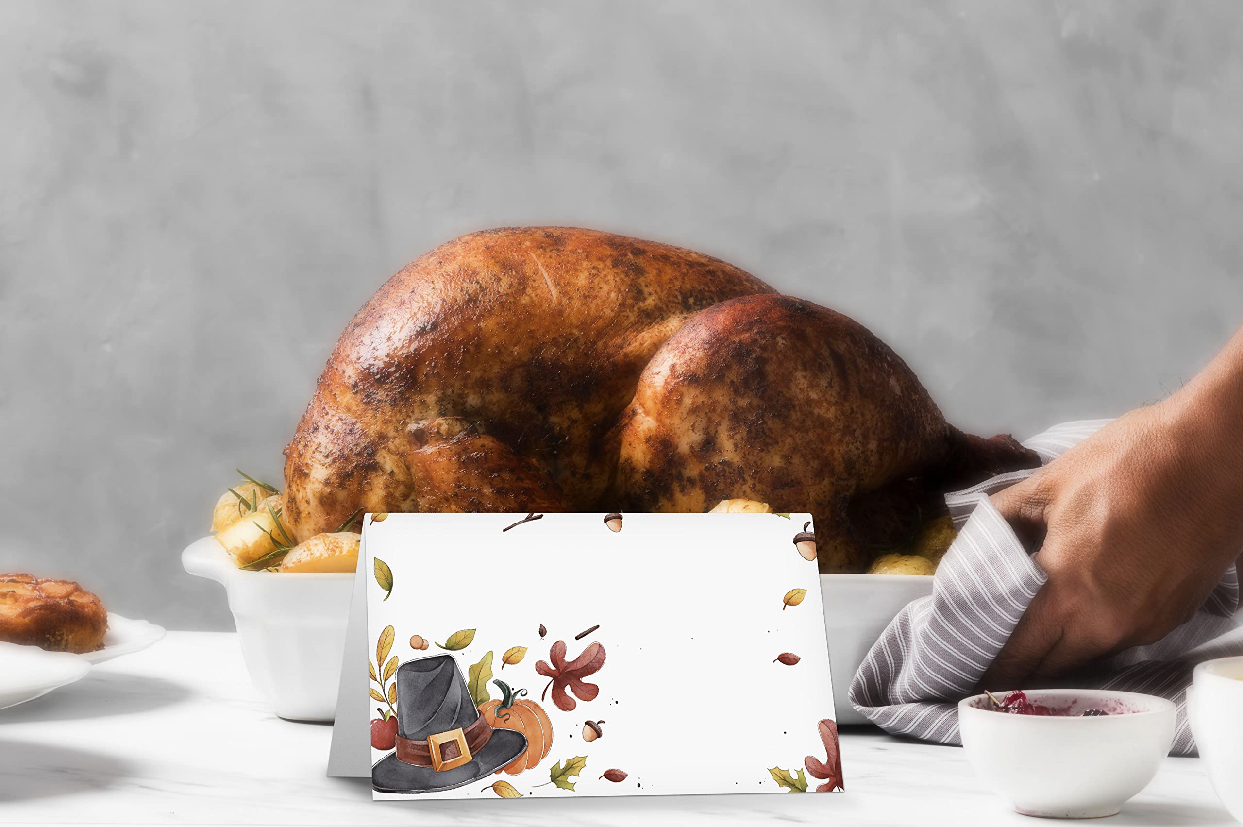 Table Place Card, Fall Thanksgiving Themed Tent Style Cards, Pack Of 25 Half-Fold Reception Place Card With Top Hat And Pumpkin,