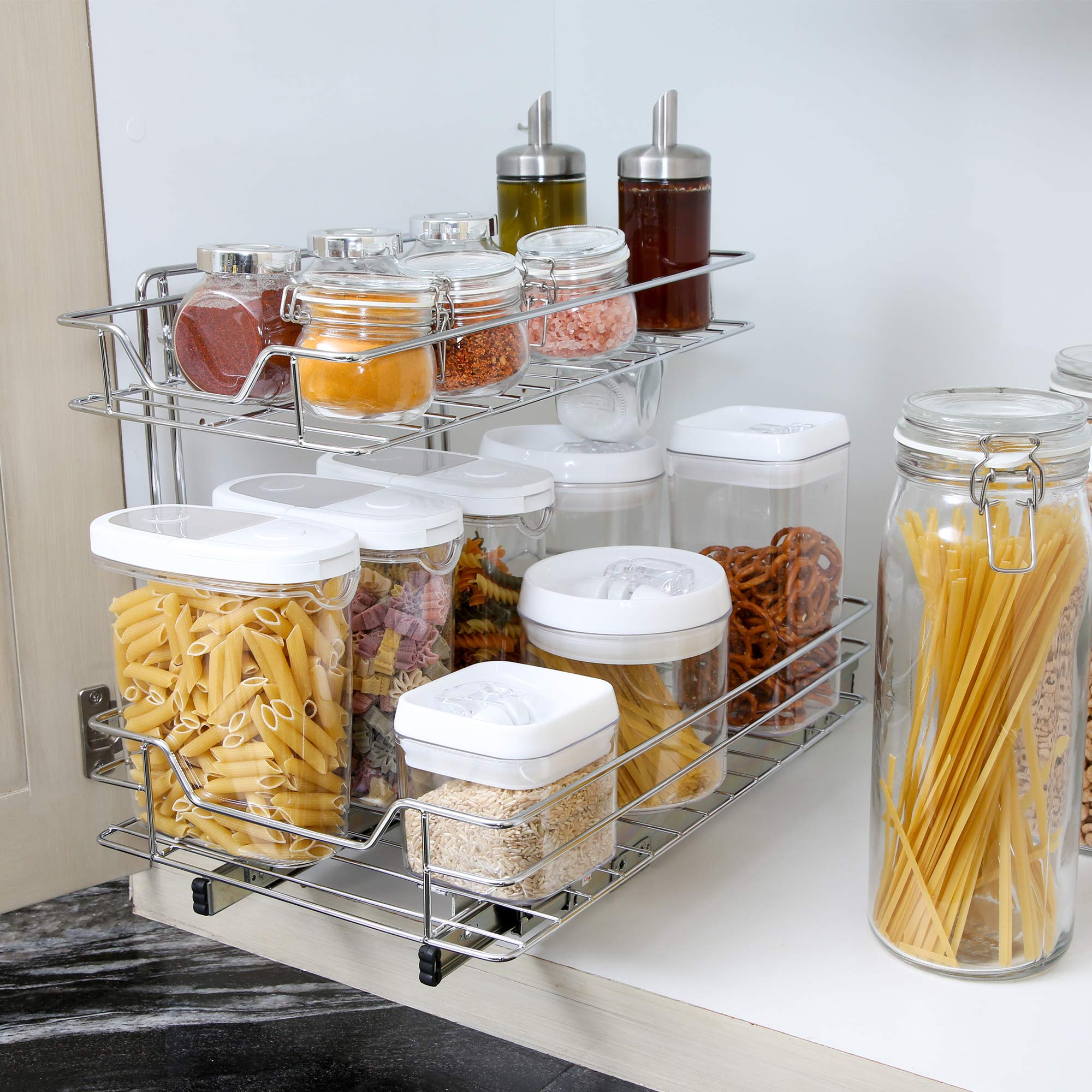 Smart Design Pull-Out Cabinet Organizer - 2-Tier Chrome, Small Top, Medium Bottom - Steel Sliding Cabinet Organizer Holds Up To