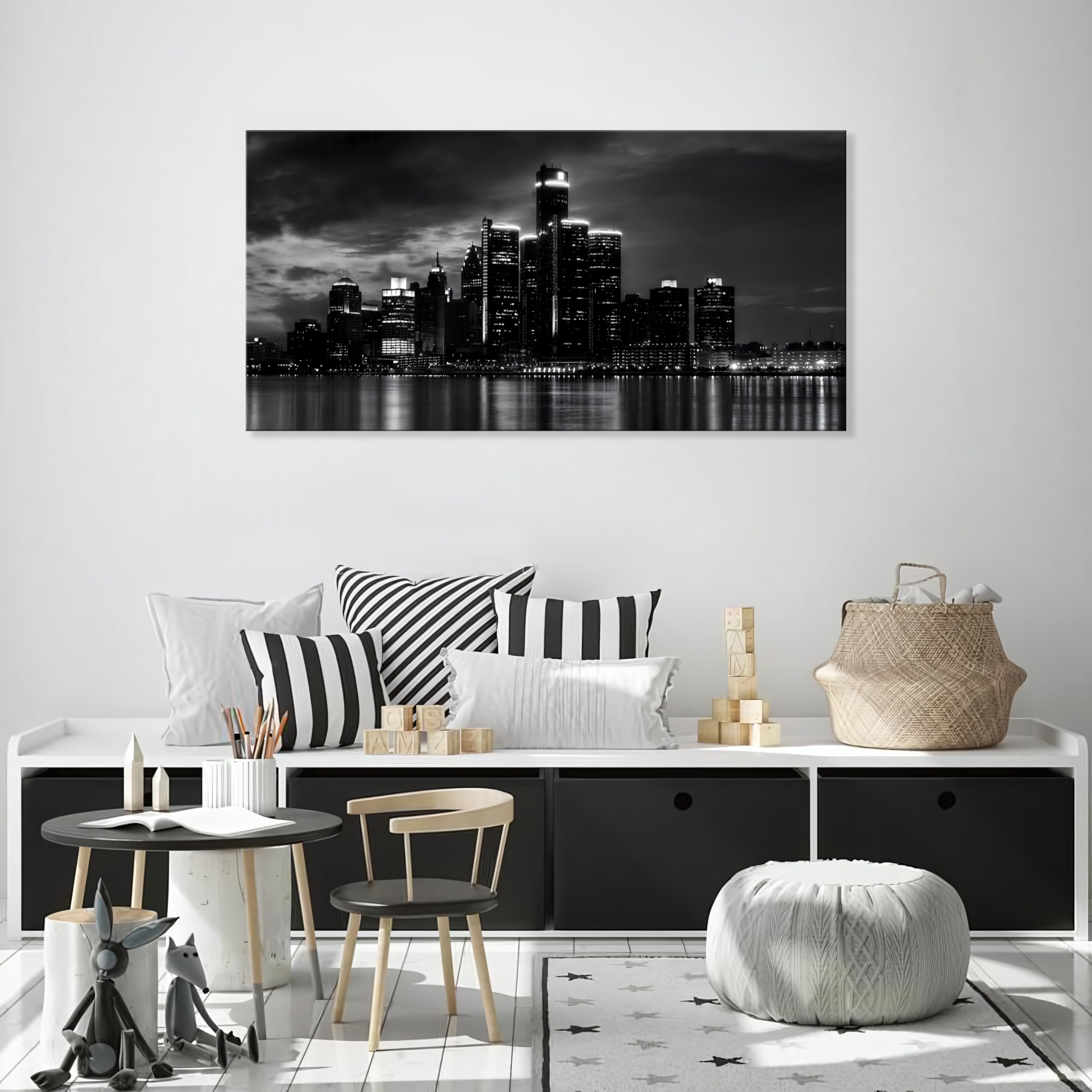 Nan Wind Detroit Skyline Canvas Wall Art Cityscape Night Scene Black & White City Art Print On Canvas Modern Giclee Framed Paint