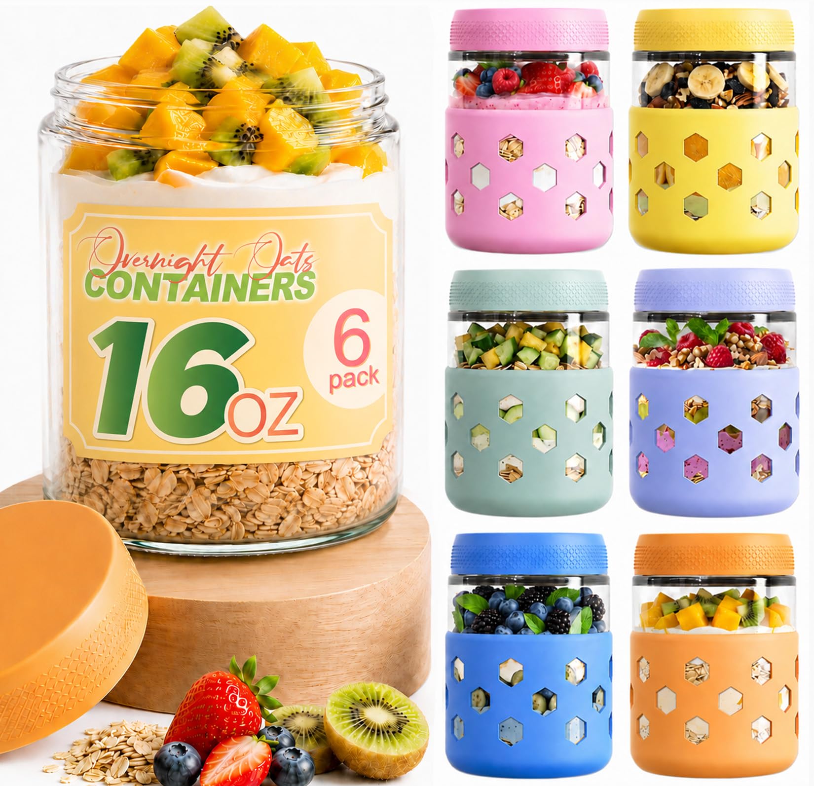 FITIMOR 6 Pack Overnight Oats Containers with Lids 16oz Mason Glass Jars
