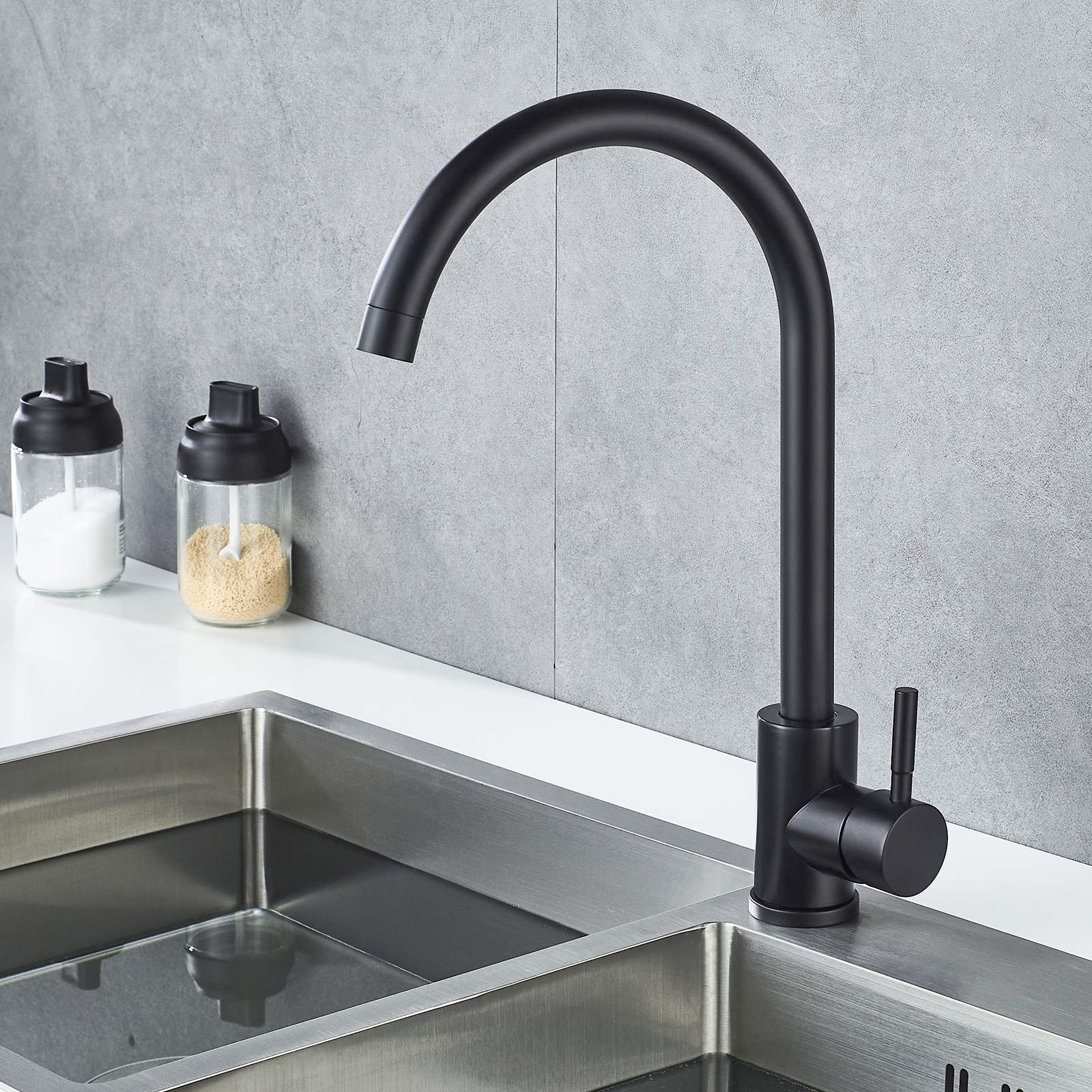 Kohonby High Arc Matte Black Kitchen Faucet Single Handle Stainless Steel Commercial Single Hole Kitchen Sink Faucet Modern One Hole Bar Sink Faucet (Matte Black)