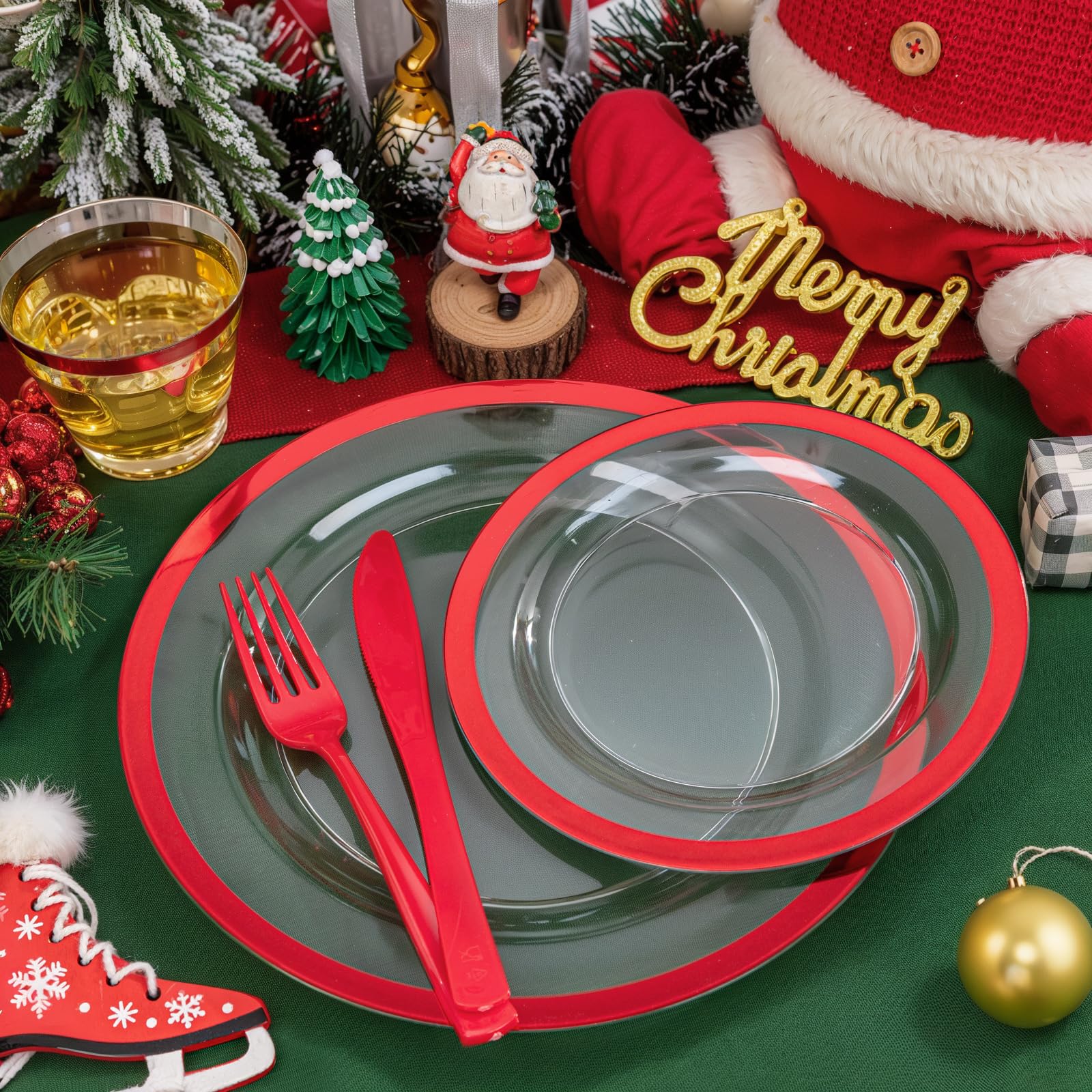 Liacere 350Pcs Clear And Red Plastic Plates New Year Plates And Napkins For 50Guests Plastic Dinnerware Set:100 Red Disposable P