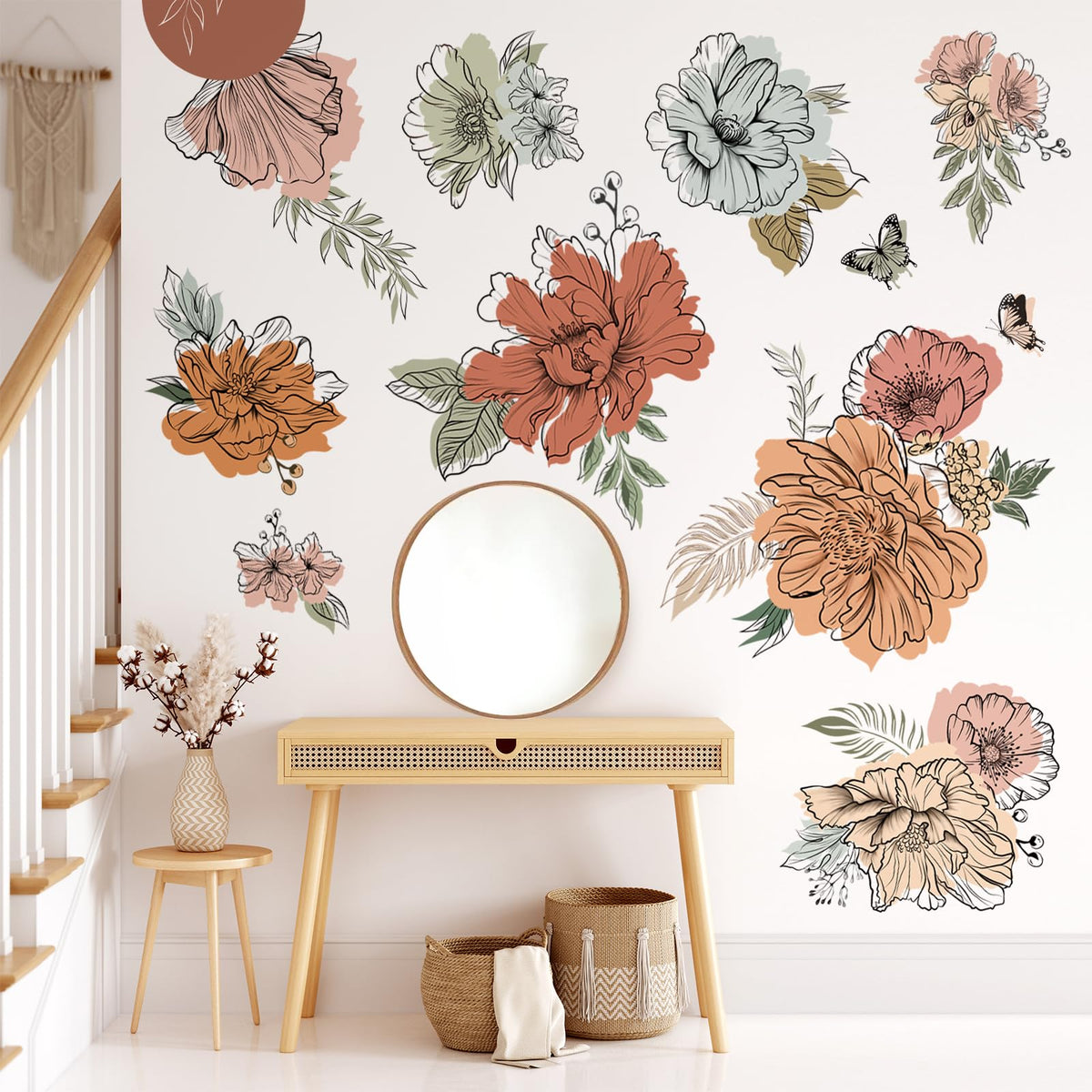 Decalmile Boho Vintage Large Flower Wall Decals Bohemian Retro Floral ...