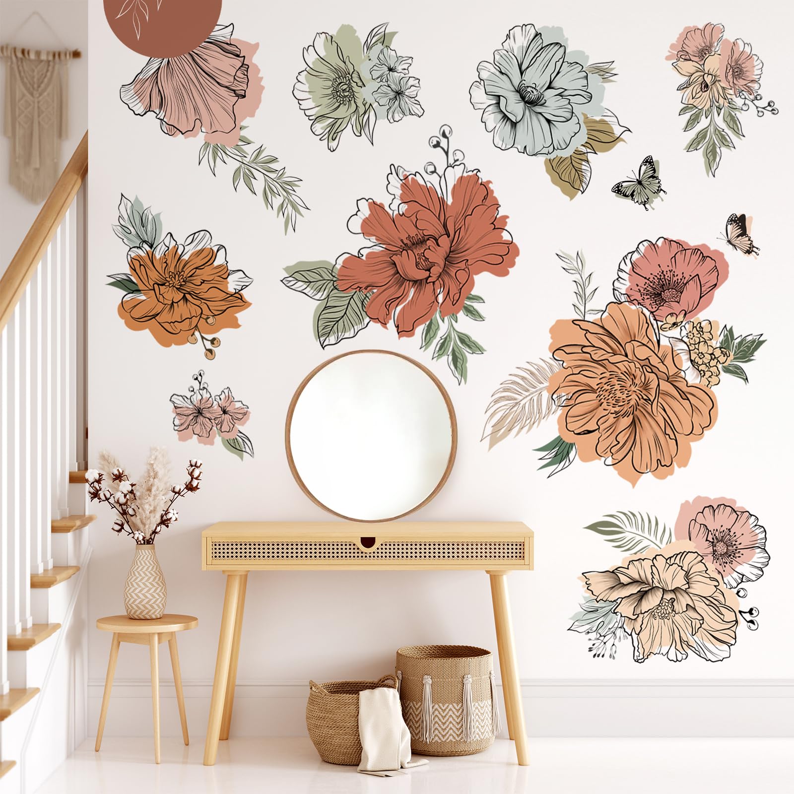 Decalmile Boho Vintage Large Flower Wall Decals Bohemian Retro Floral Sun Butterfly Wall Stickers Living Room Bedroom Office Wal