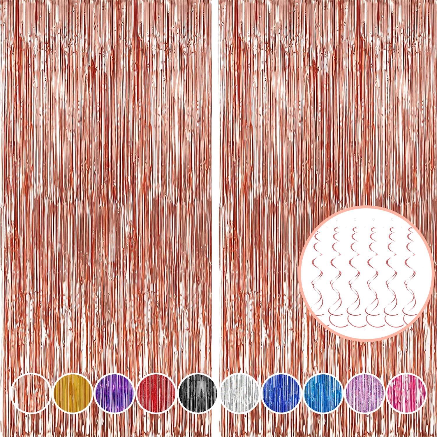 8Pcs RoseGold Backdrop Curtains, RoseGold Tinsel Foil Fringe Backdrop with Hanging Swirls, 3.3ft x 6.6ft Foil Fringe Curtains Ba