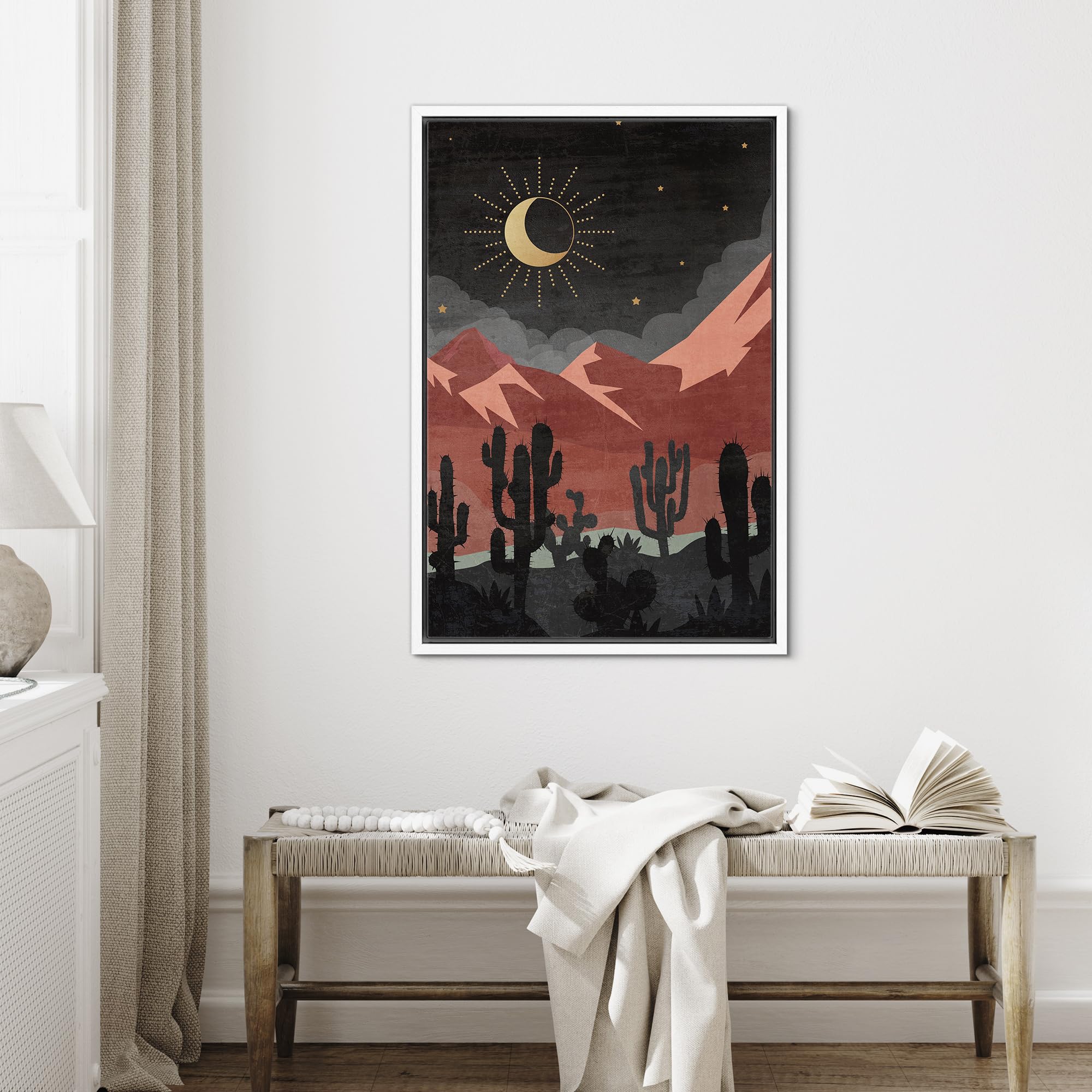 Signford Framed Canvas Print Wall Art Desert Nightscape With Crescent Moon And Cacti Silhouettes Nature Wilderness Illustrations
