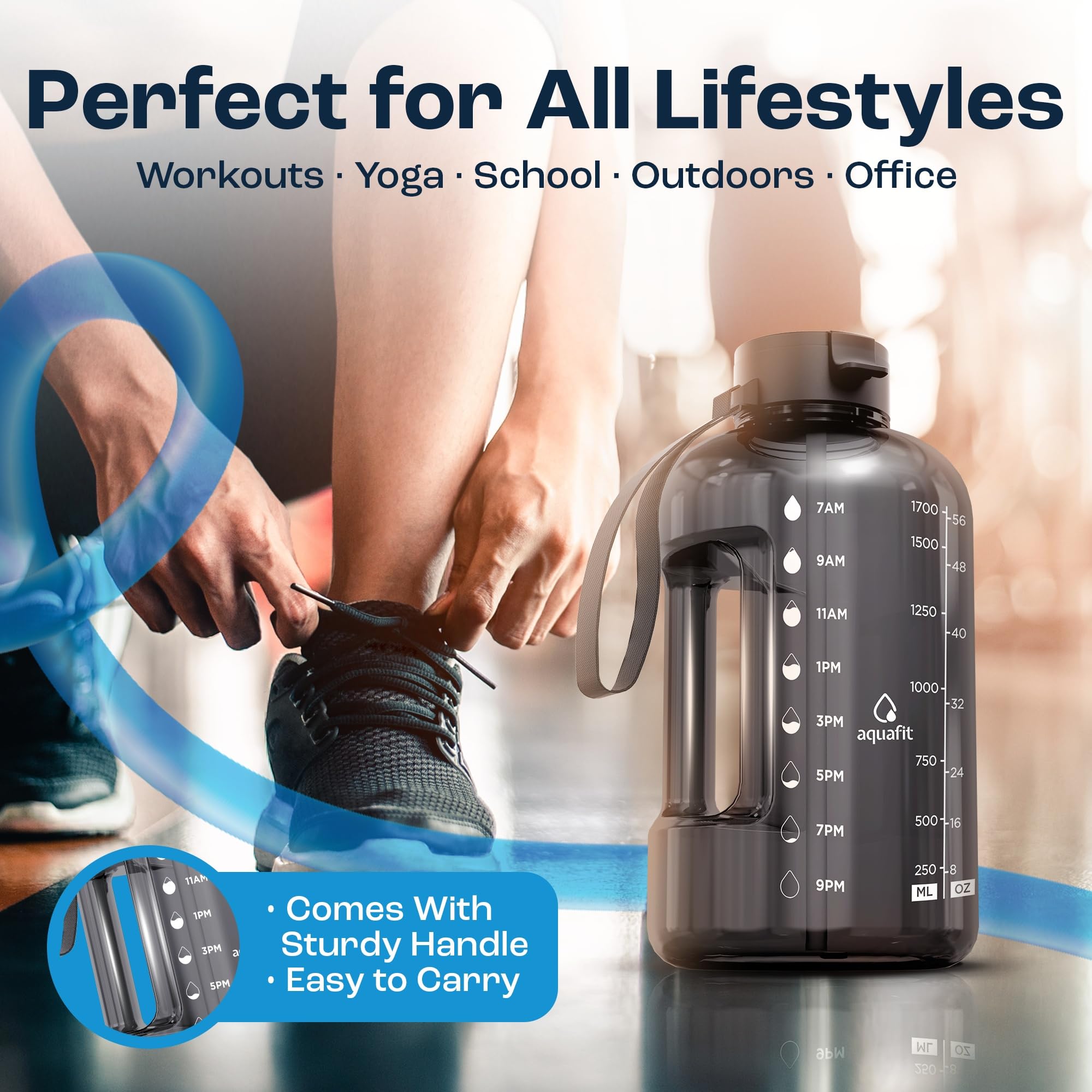 AQUAFIT 64 oz Water Bottle with Time Marker - Straw & Chug Lid - BPA Free Half Gallon Gym Water Bottle with Handle - Big Gallon