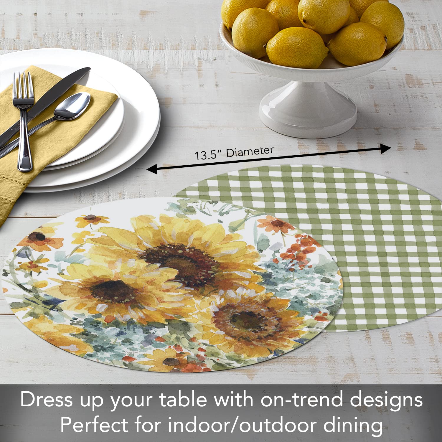 Counterart Sunflowers Forever 4 Pack Round Reversible Easy Care Flexible Plastic Placemats Made In The Usa Reversible Flexible E