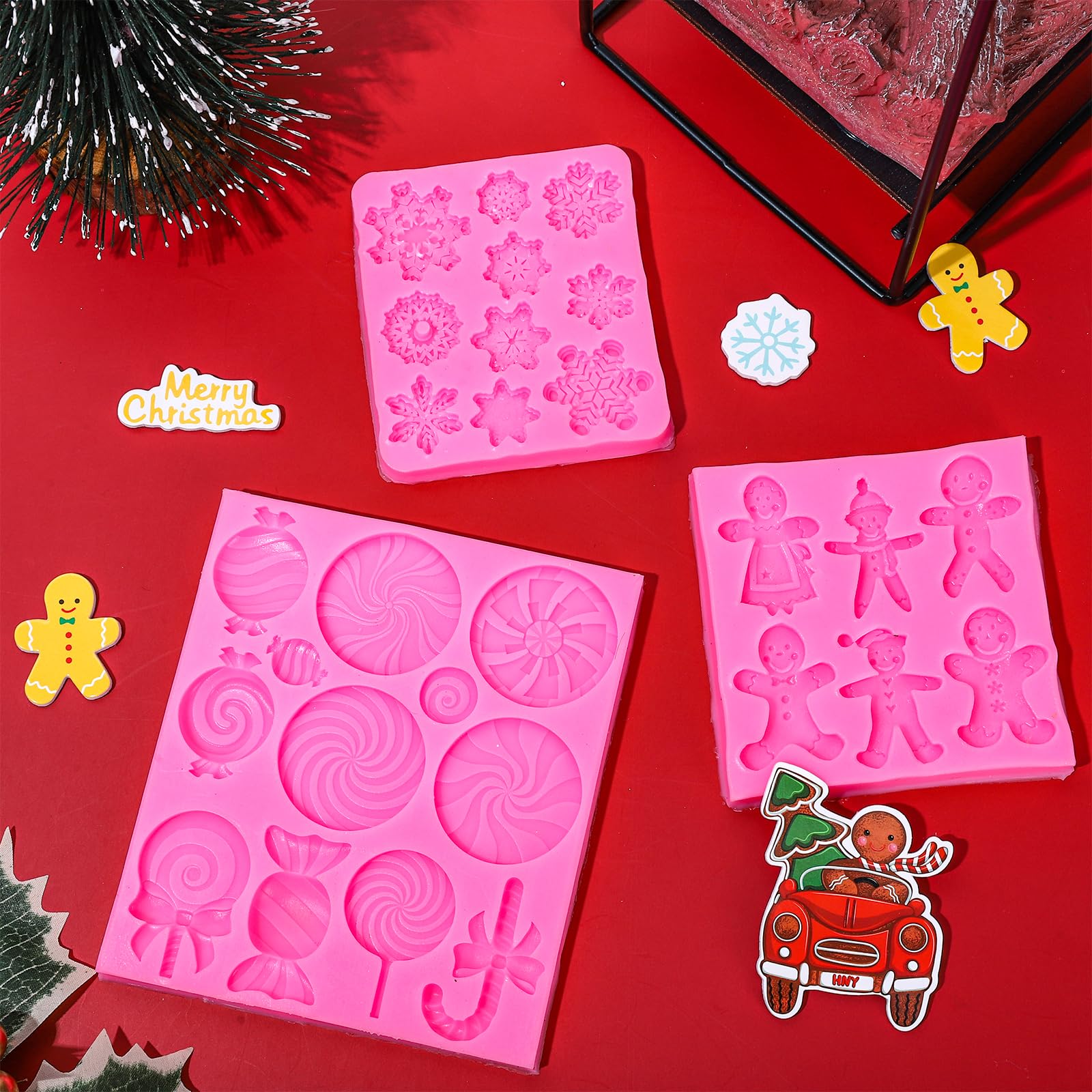 Whaline 3Pcs Christmas Candy Fondant Mold Pink Gingerbread Man Snowflake Silicone Mold Assorted Chocolate Candy Mould For Xmas W