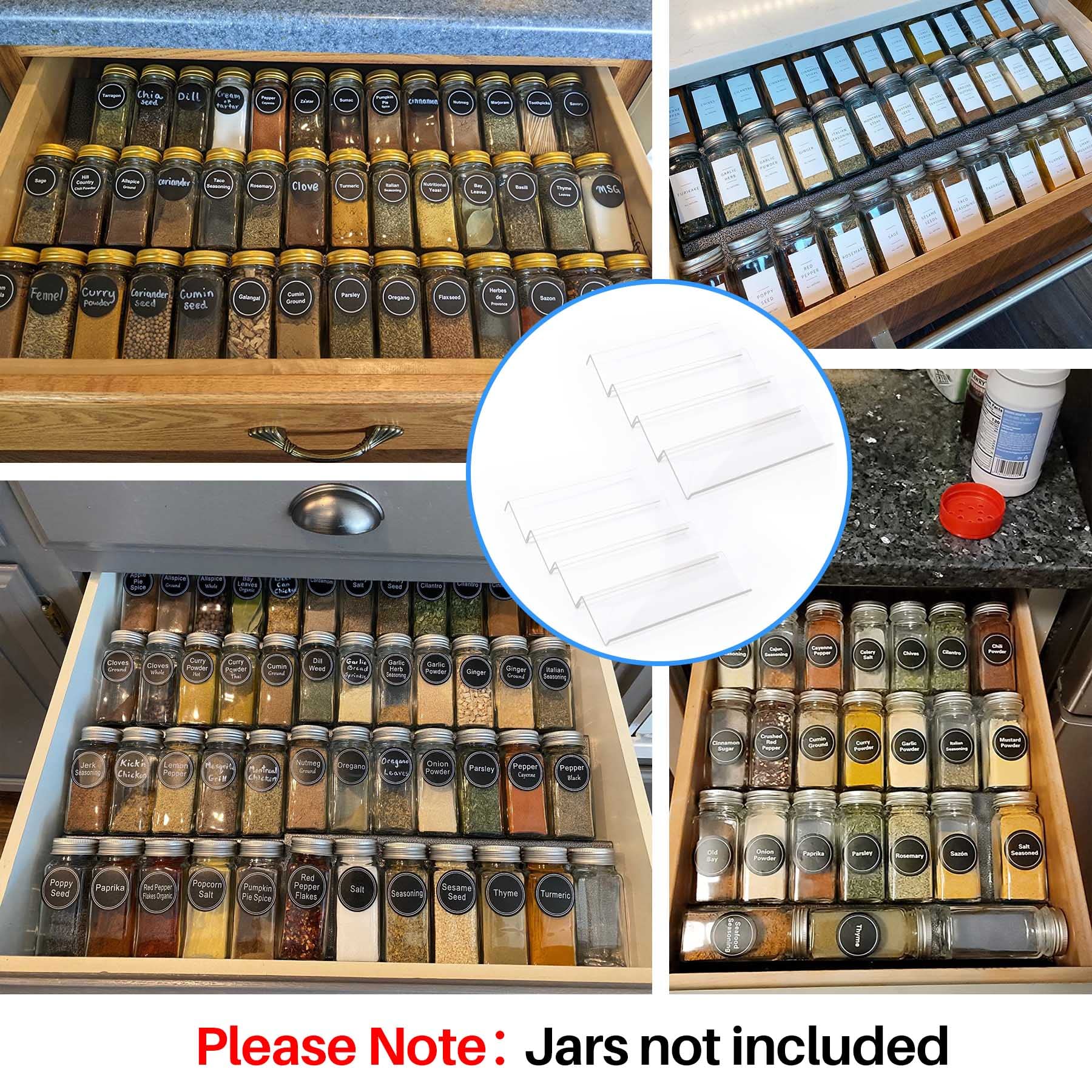 MIUKAA Clear Acrylic Spice Drawer Organizer, 4 Tier Expandable 13" to 26", 8 Pcs, Transparent, Kitchen Spice Rack (Jars not included)